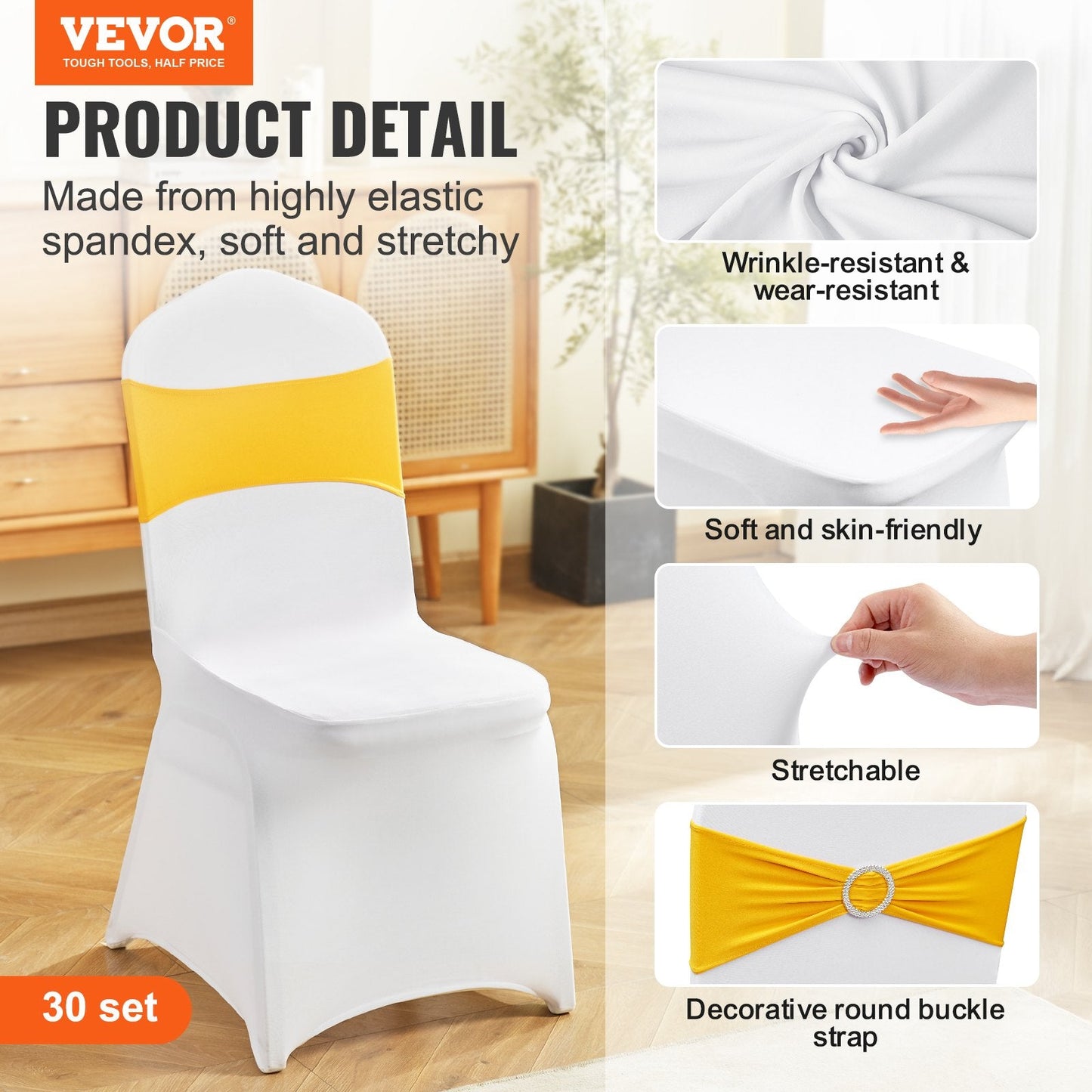 Universal Stretch Spandex Chair Covers with Sashes for Events, Gold & White, 30 Set