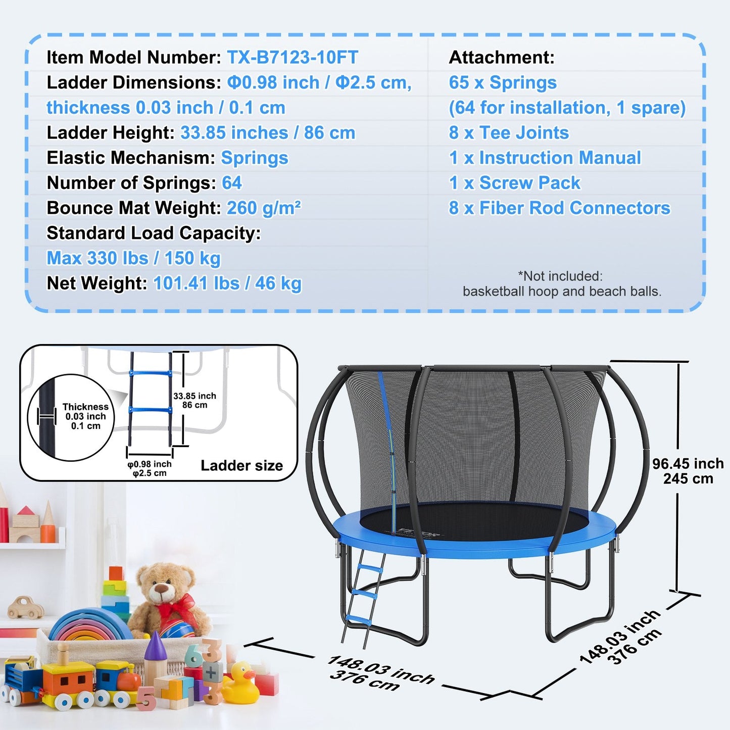 10FT Trampoline with Safety Net, Ladder, and Curved Poles - 150 kg Capacity