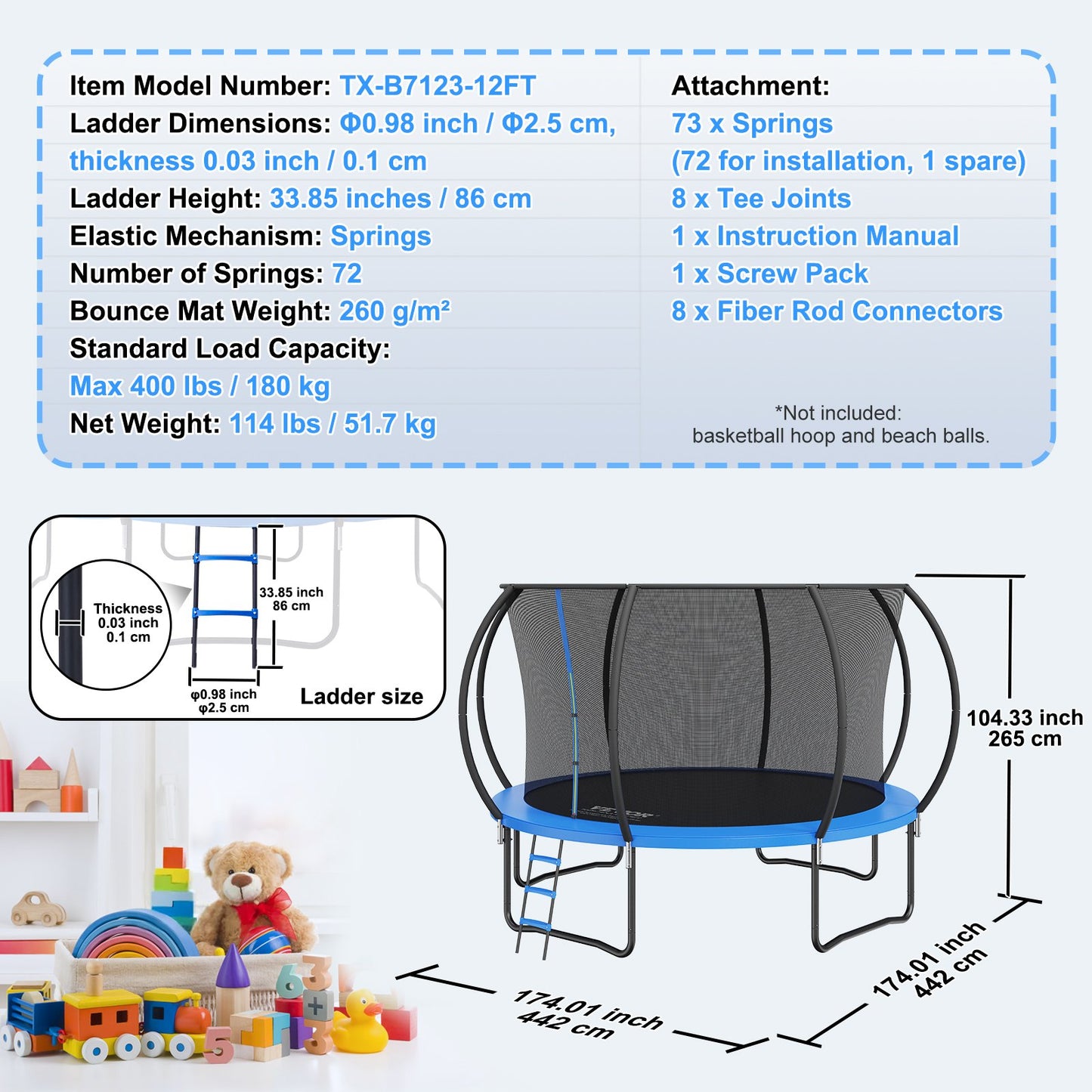 VEVOR 3.66m Trampoline, 181 kg Trampoline with Enclosure Net, Ladder, and Curved