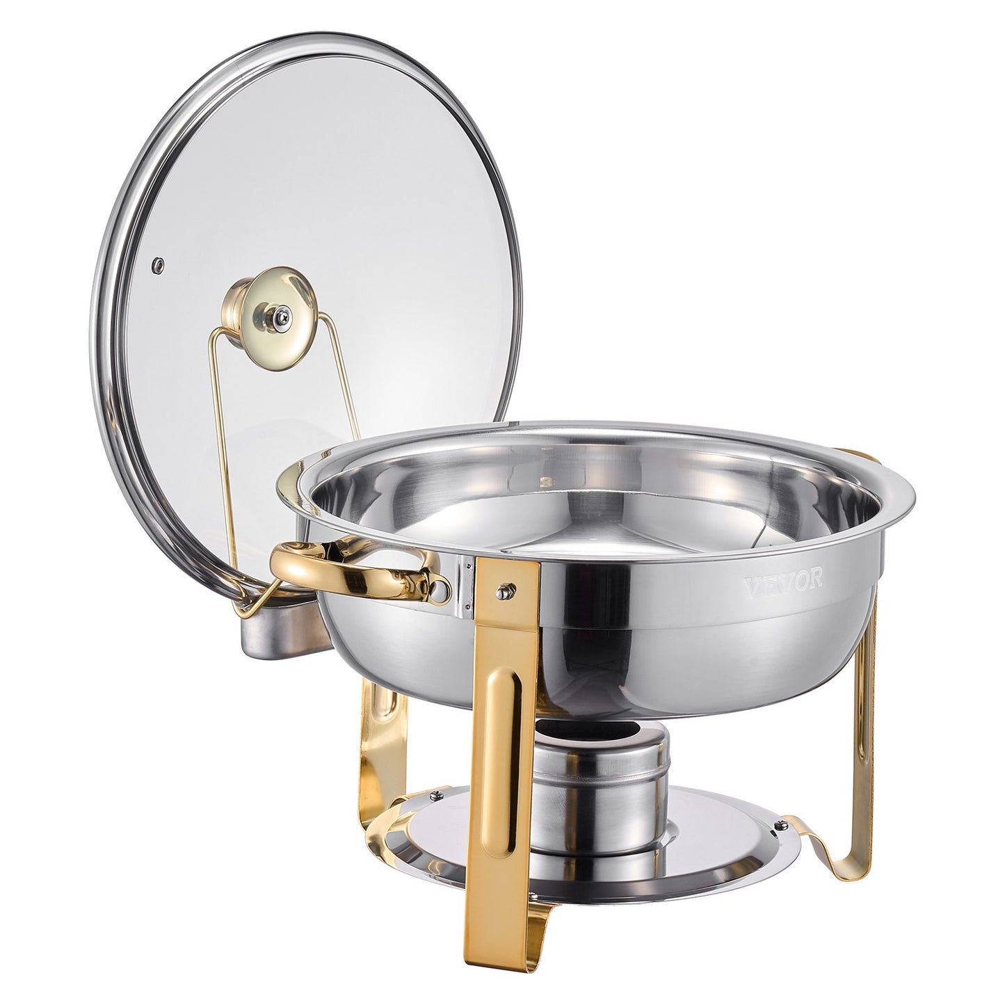 Chafing Dish Buffet Set, 5 Qt 4 Pack, Stainless Steel Chafer with 4 Full Size Pan, Round Catering Warmer Server with Glass Lid Water Pan Folding Stand Fuel Holder, for Wedding Party Banquet, Gold