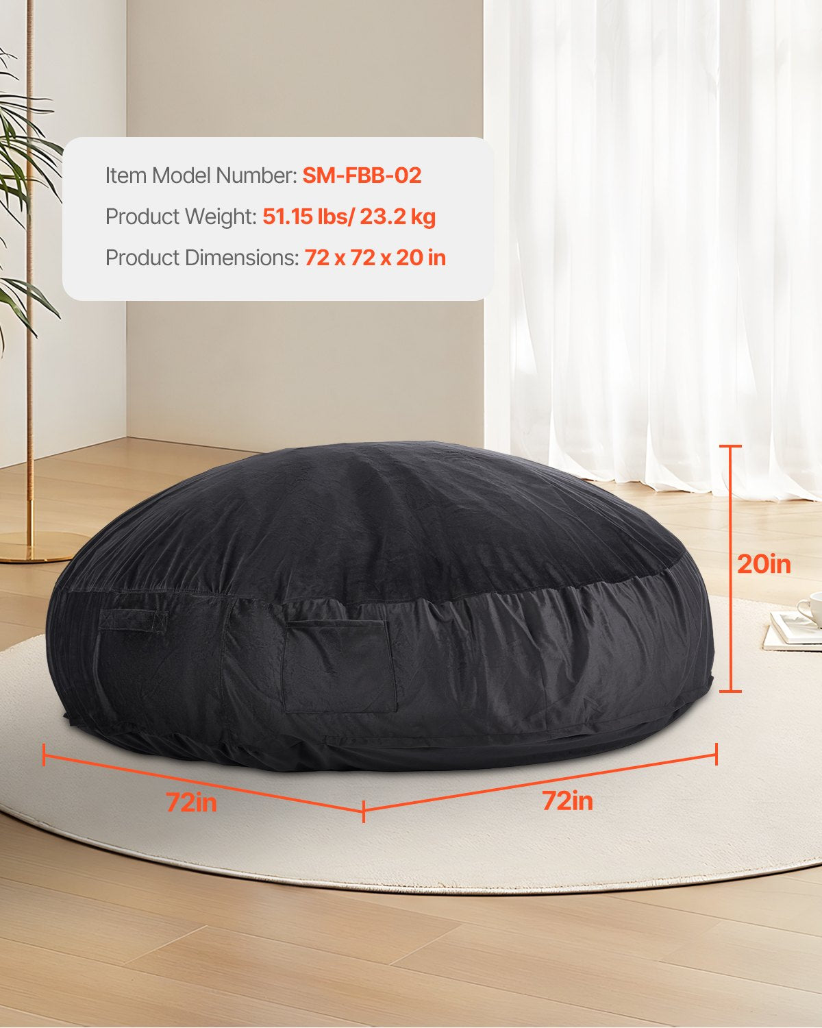 VEVOR Round Bean Bag Chair with Removable & Washable Cover for Adult Giant Black,1829 x 1829 x 508 mm