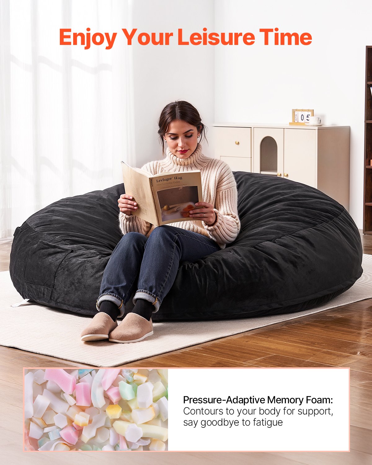 VEVOR Round Bean Bag Chair with Removable & Washable Cover for Adult Giant Black,1829 x 1829 x 508 mm