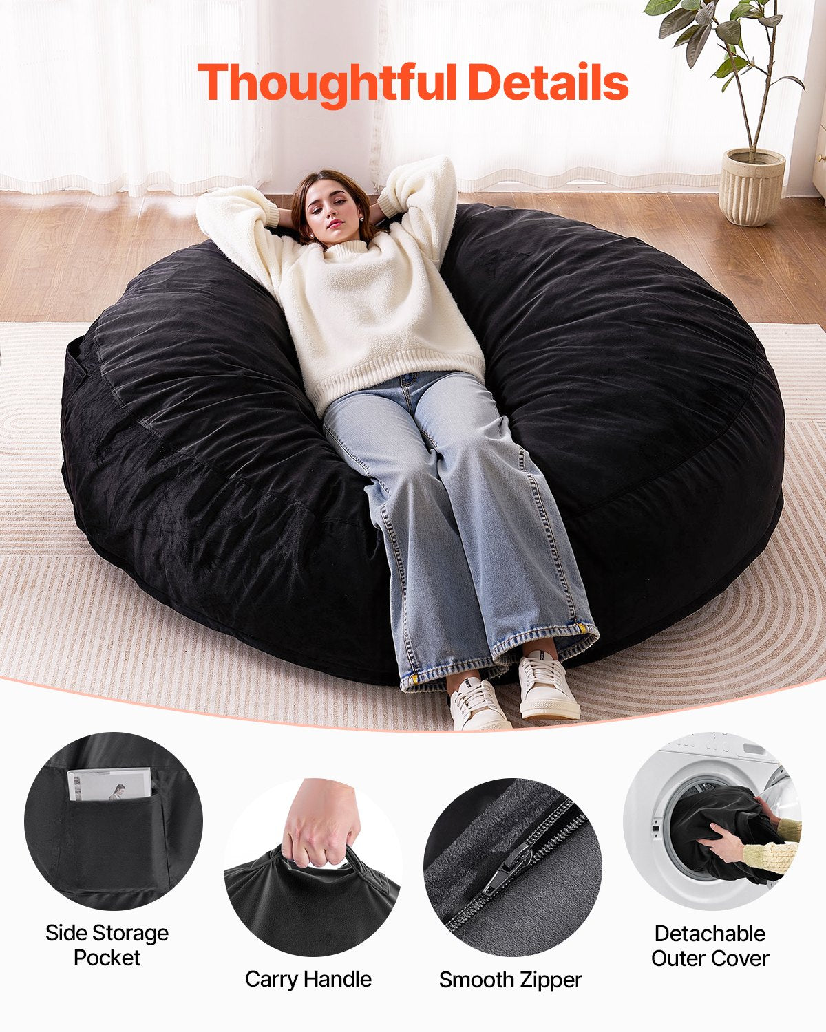 VEVOR Round Bean Bag Chair with Removable & Washable Cover for Adult Giant Black,1829 x 1829 x 508 mm