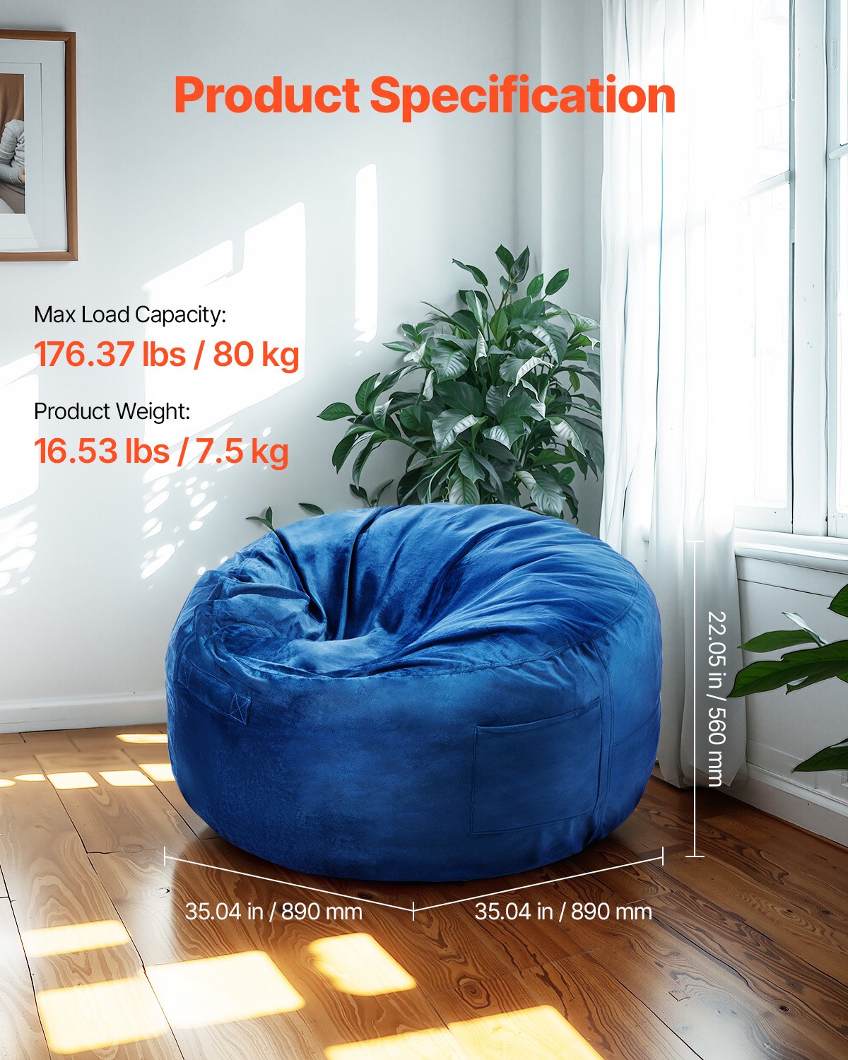 VEVOR 91 cm Round Bean Bag Chair with Removable Cover & Dutch Velvet Blue