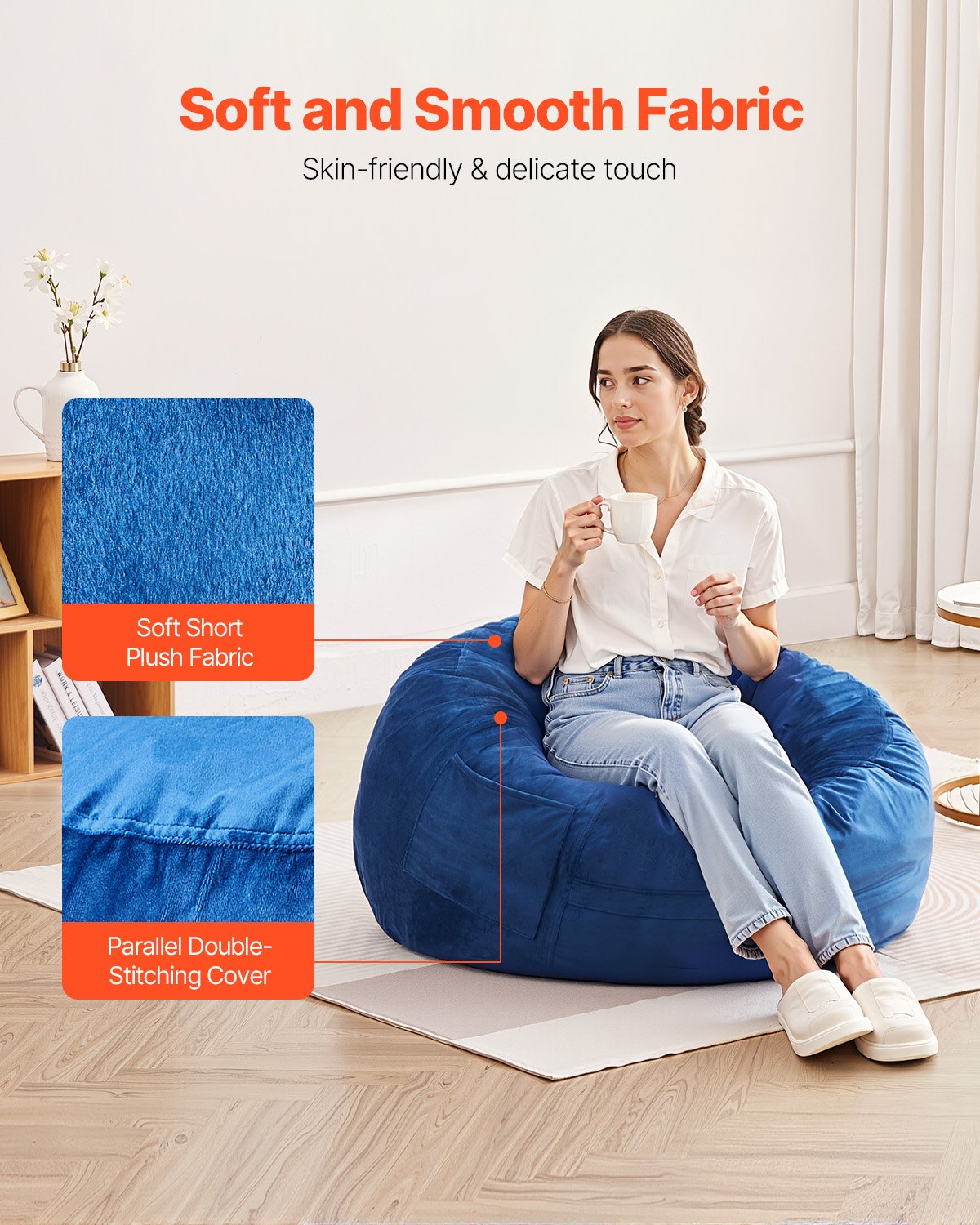VEVOR 91 cm Round Bean Bag Chair with Removable Cover & Dutch Velvet Blue