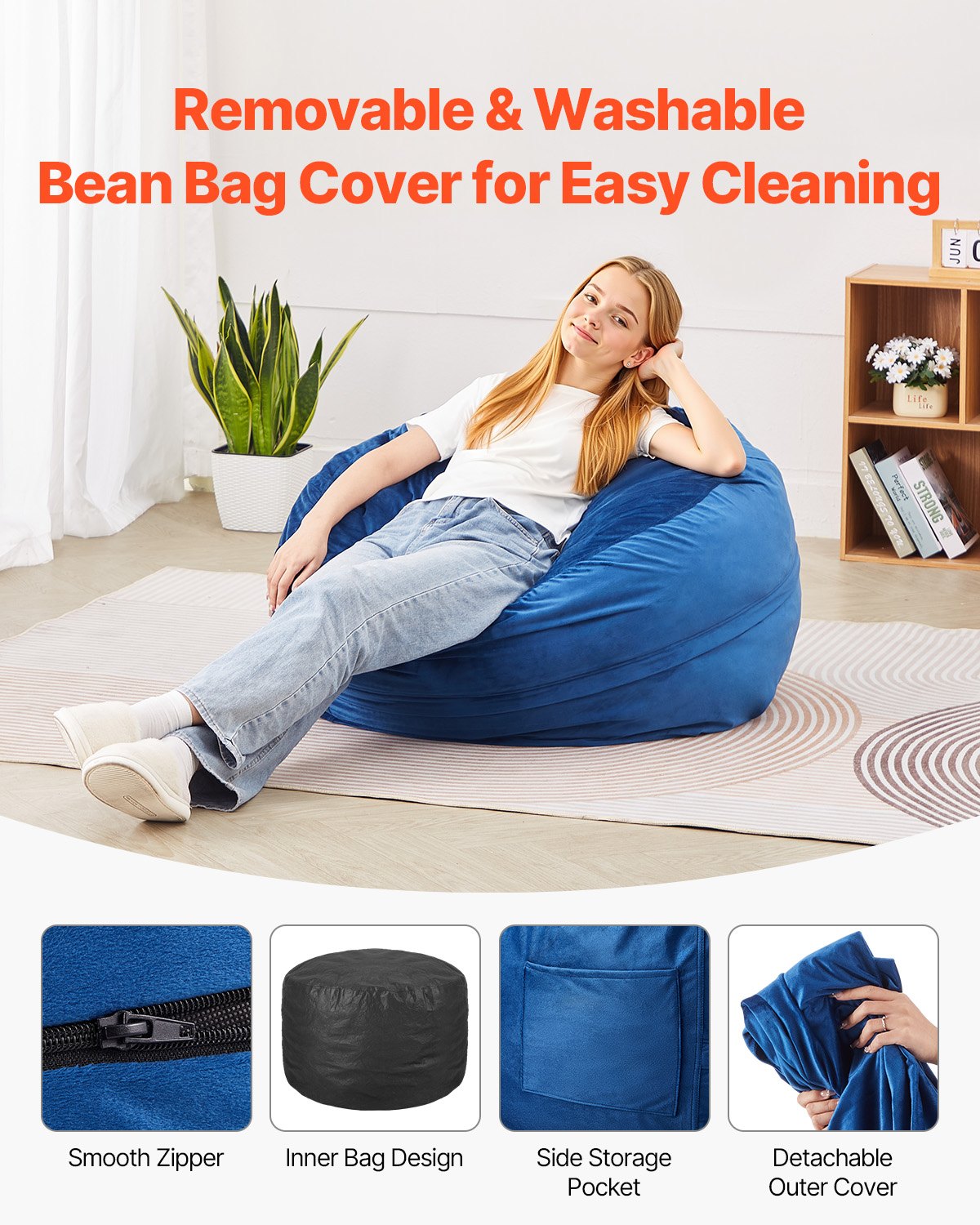 VEVOR 91 cm Round Bean Bag Chair with Removable Cover & Dutch Velvet Blue