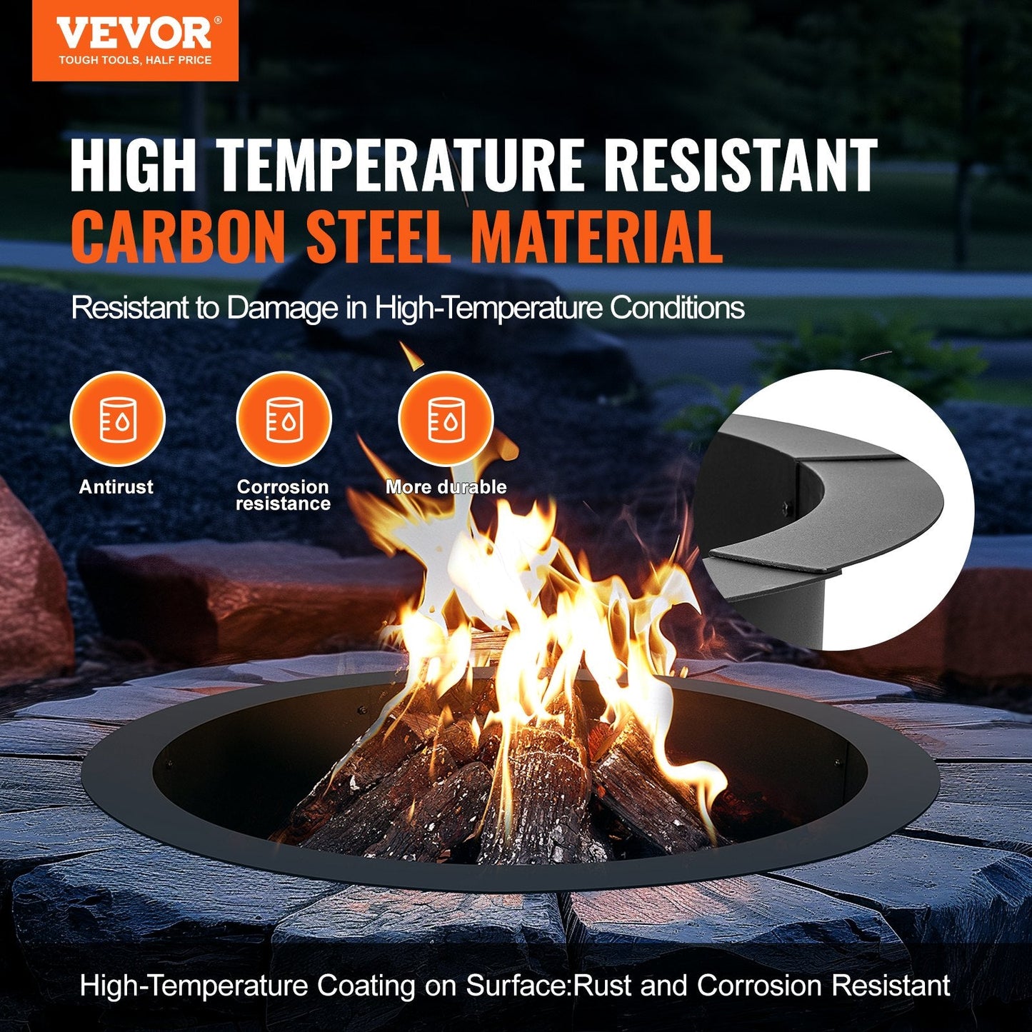 Round Steel Fire Pit Ring, 0.9m Diameter, DIY Campfire Liner with High Heat Coating