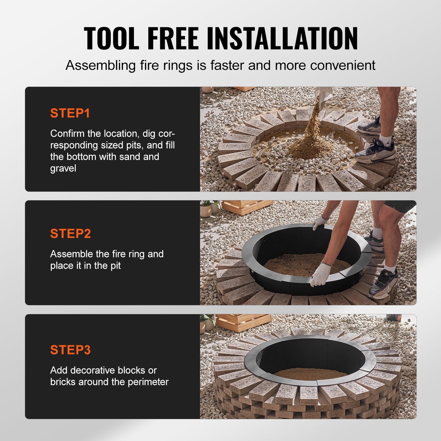 VEVOR Fire Pit Ring Round 44 Inch Outer Steel Liner DIY Campfire Ring Firepit
