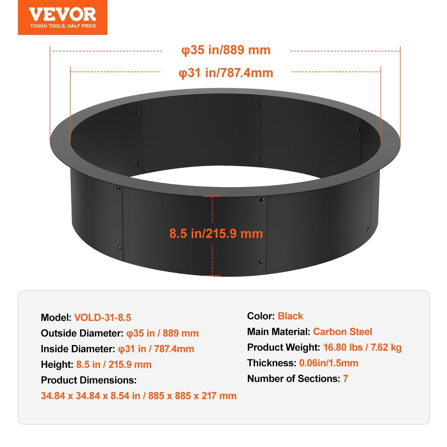 Round Steel Fire Pit Ring 0.99m, 8.83 kg, Black, DIY Campfire Liner
