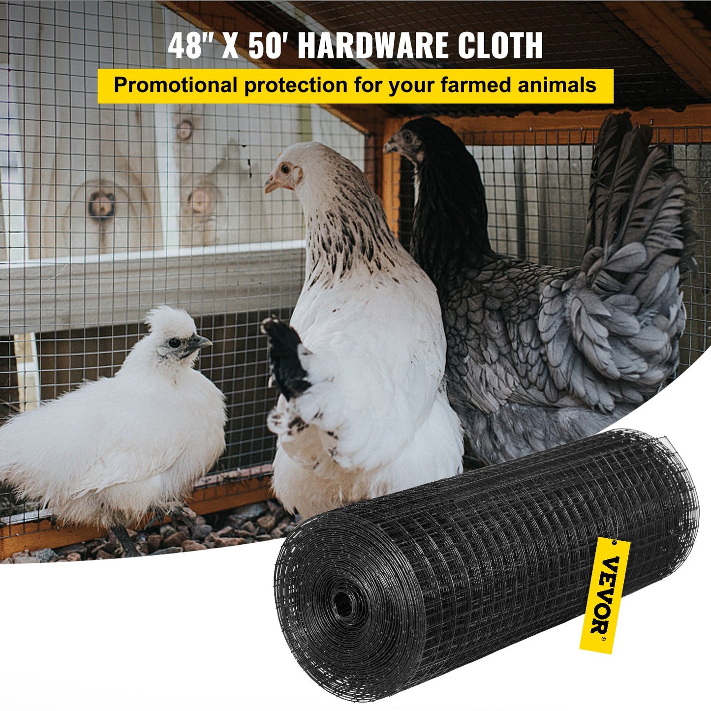 VEVOR Hardware Cloth, 48\" x 50\' & 1\"x1\" Mesh Size, Galvanized Steel Vinyl Coated