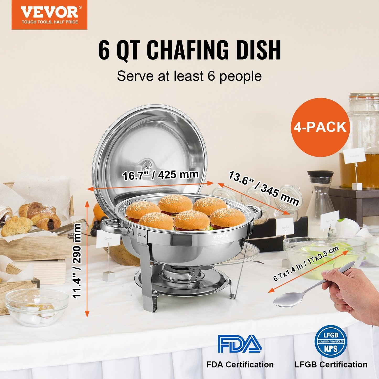 Stainless Steel 5.38L Buffet Set - 4 Pack, Round Chafing Dishes for Catering