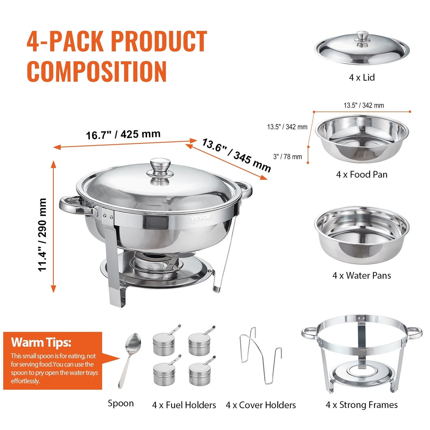 Stainless Steel 5.38L Buffet Set - 4 Pack, Round Chafing Dishes for Catering