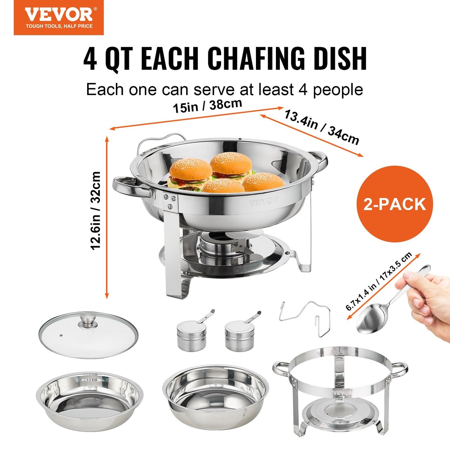 2-Pack Round Chafing Dish Set with Glass Lid and Fuel Holder, 4 Qt Capacity