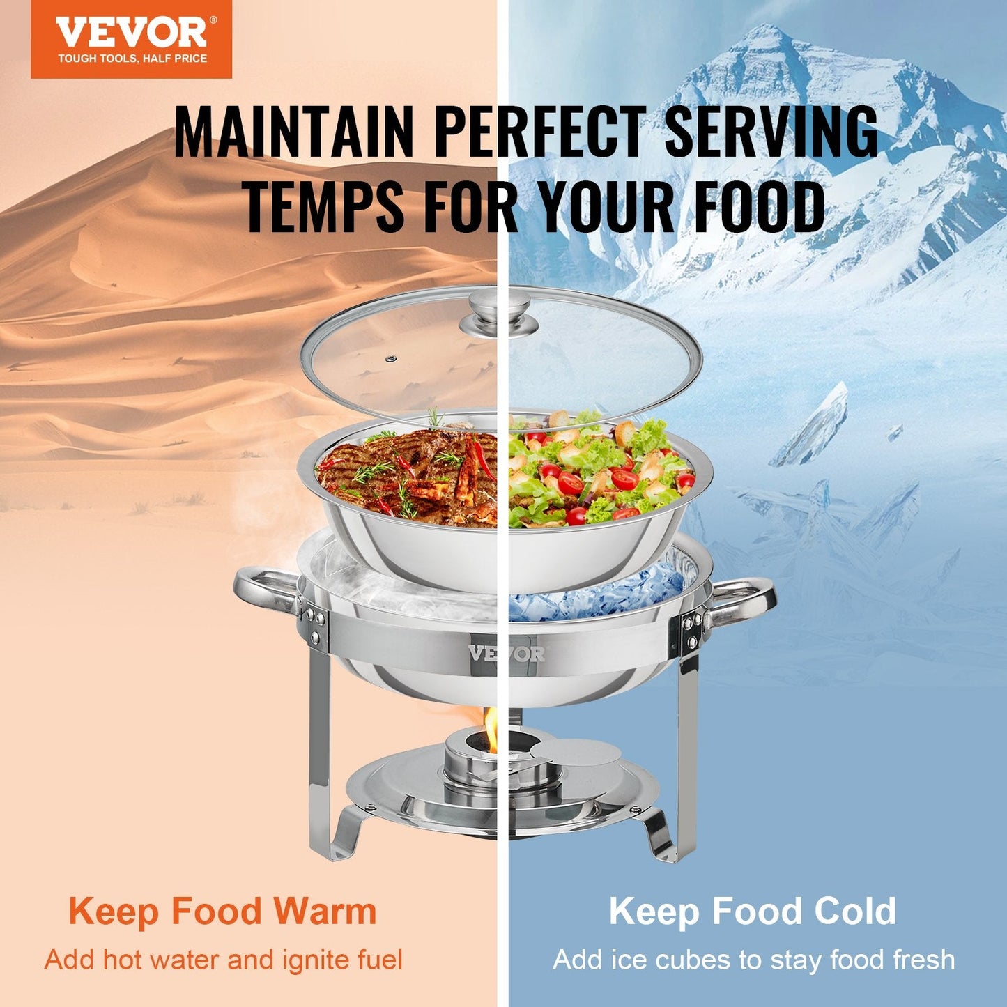 2-Pack Round Chafing Dish Set with Glass Lid and Fuel Holder, 4 Qt Capacity