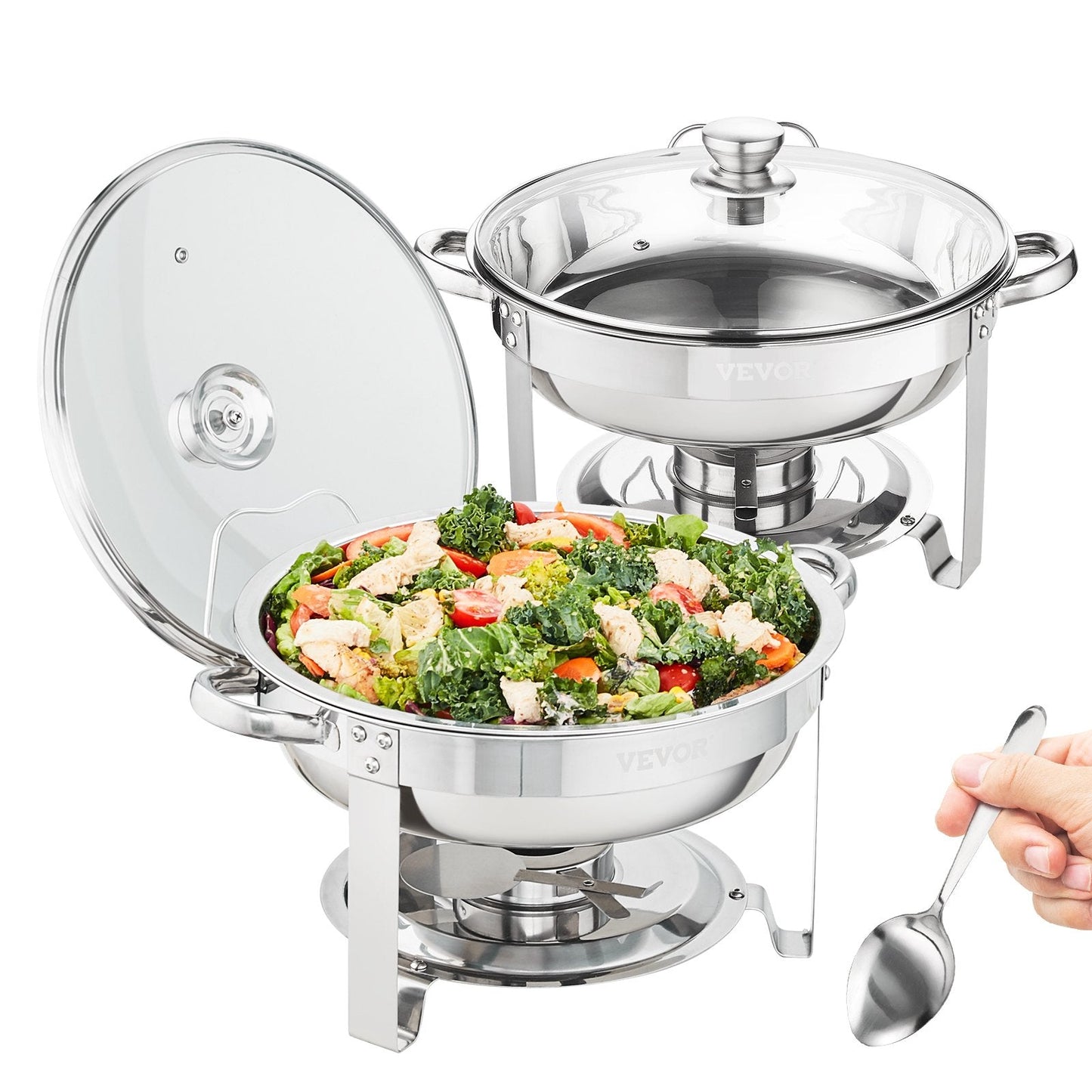 2-Pack Round Chafing Dish Set with Glass Lid and Fuel Holder, 4 Qt Capacity