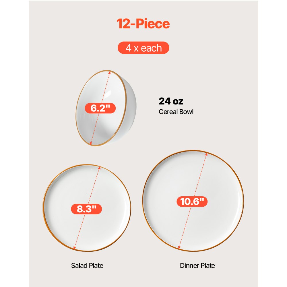 VEVOR 12 PCS Dinnerware Set Ceramic Plates and Bowls Sets Service for 4 White