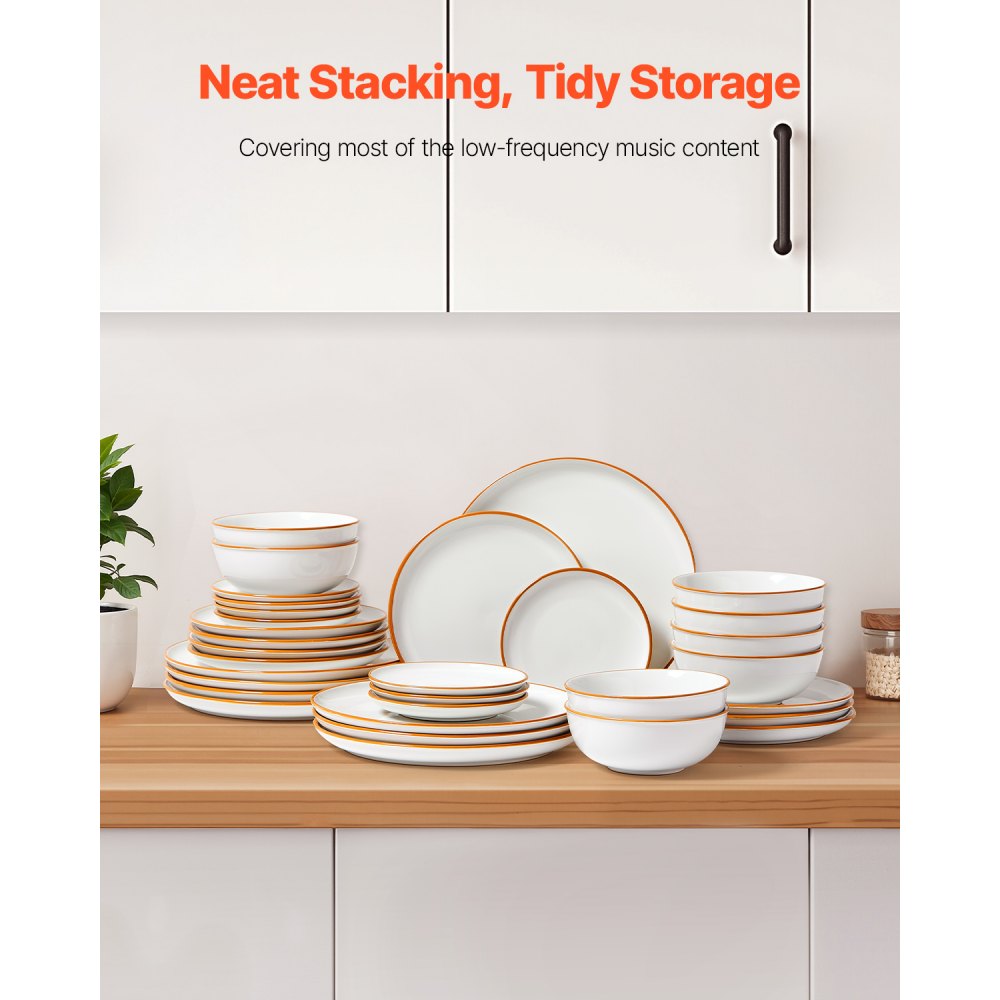 VEVOR 32 PCS Dinnerware Set Ceramic Plates and Bowls Sets Service for 8 White