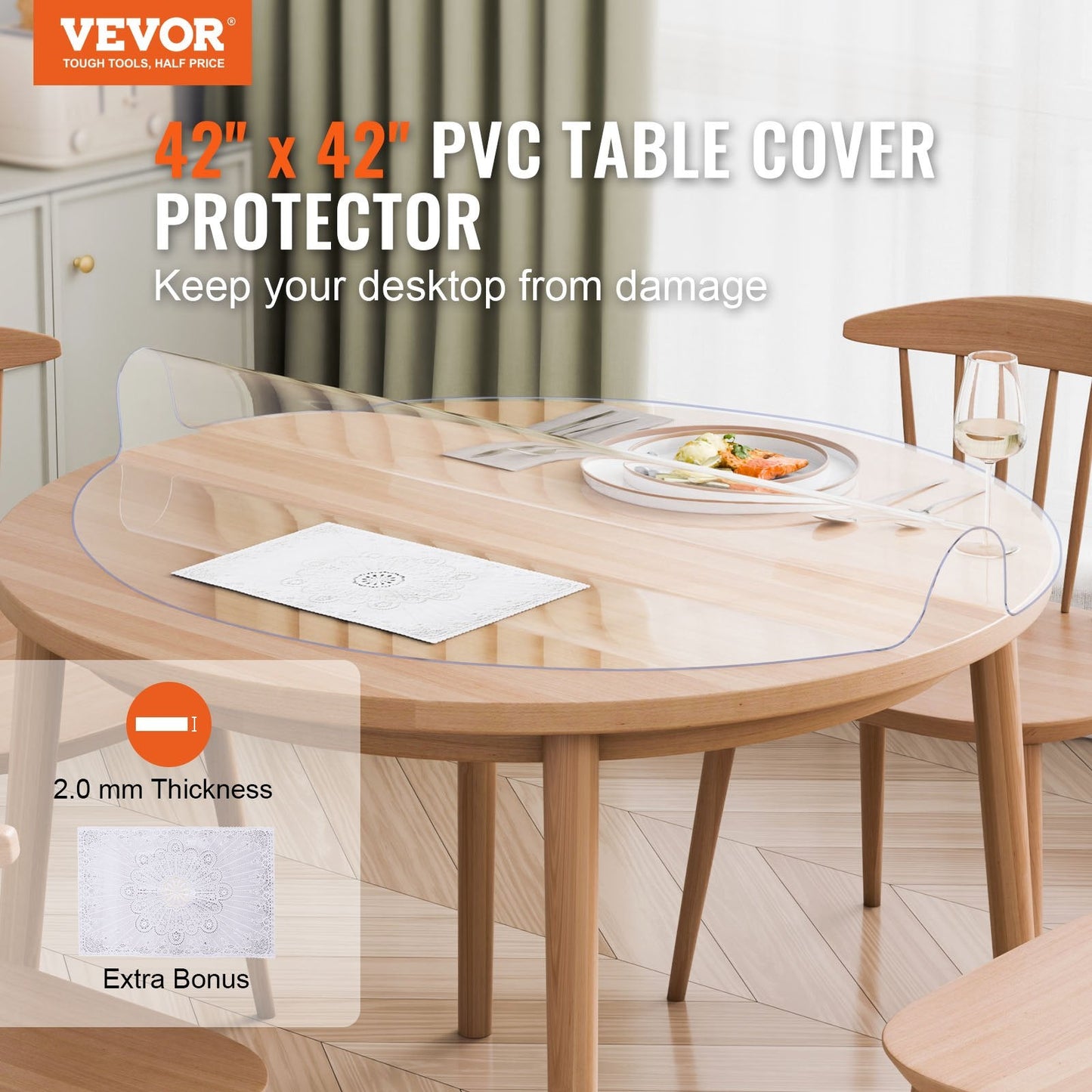 Clear PVC Table Protector, 2.0mm Thick, 1.07m Round, Easy to Maintain