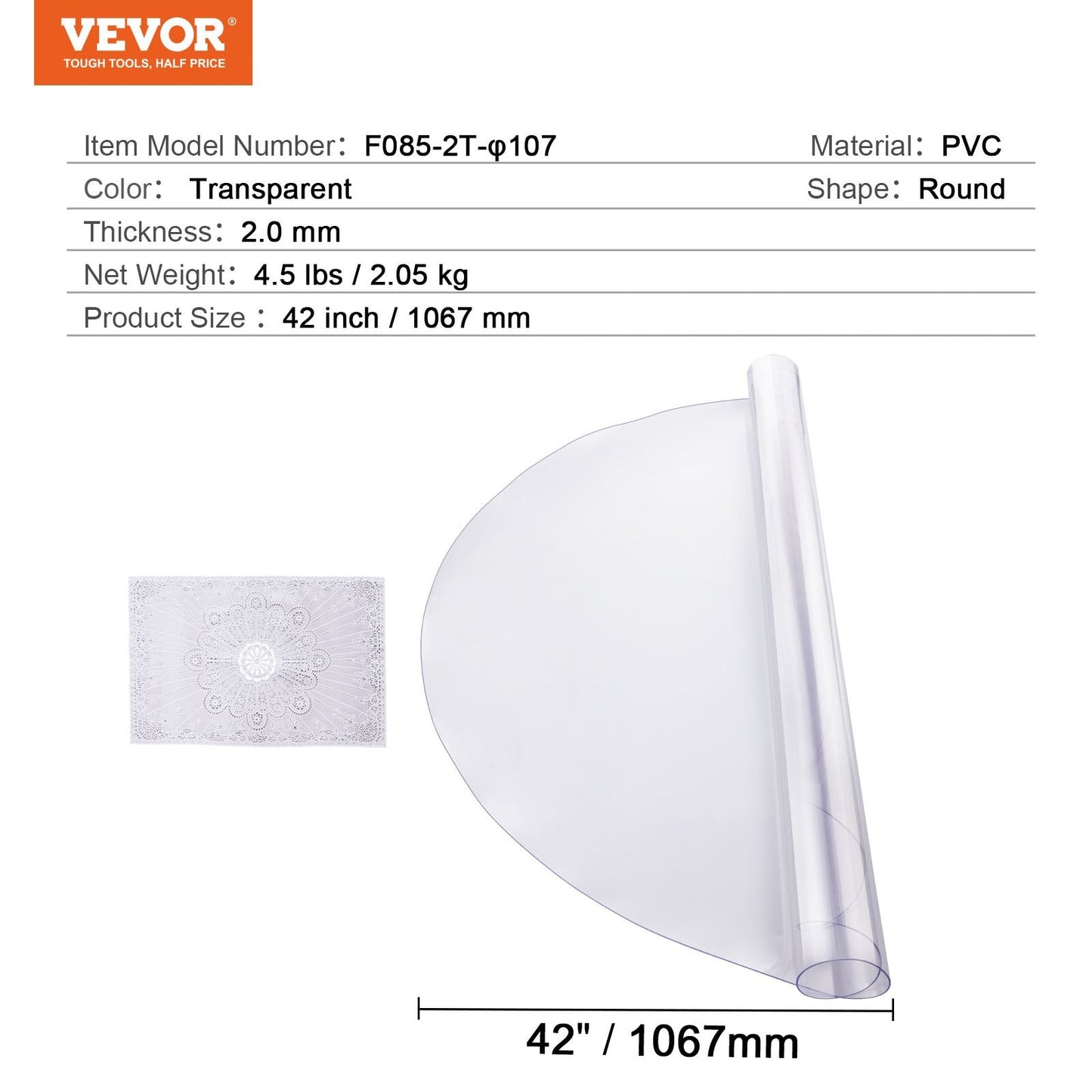 Clear PVC Table Protector, 2.0mm Thick, 1.07m Round, Easy to Maintain