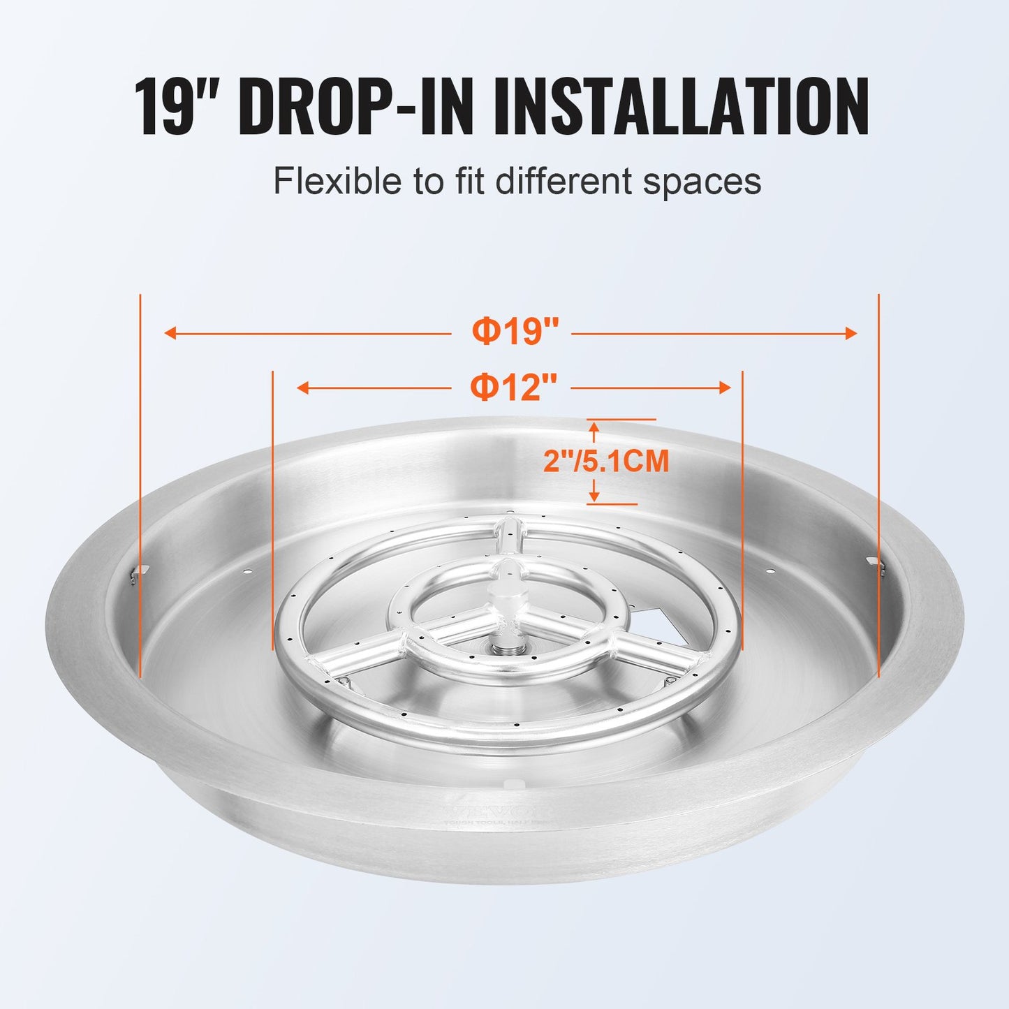 VEVOR 19 inch Round Drop-in Fire Pit Pan, Stainless Steel Fire Pit Burner, Natural