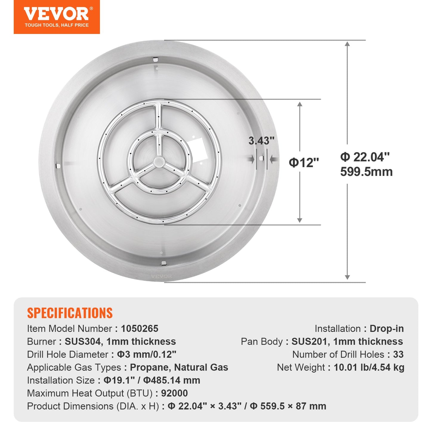 VEVOR 19 inch Round Drop-in Fire Pit Pan, Stainless Steel Fire Pit Burner, Natural