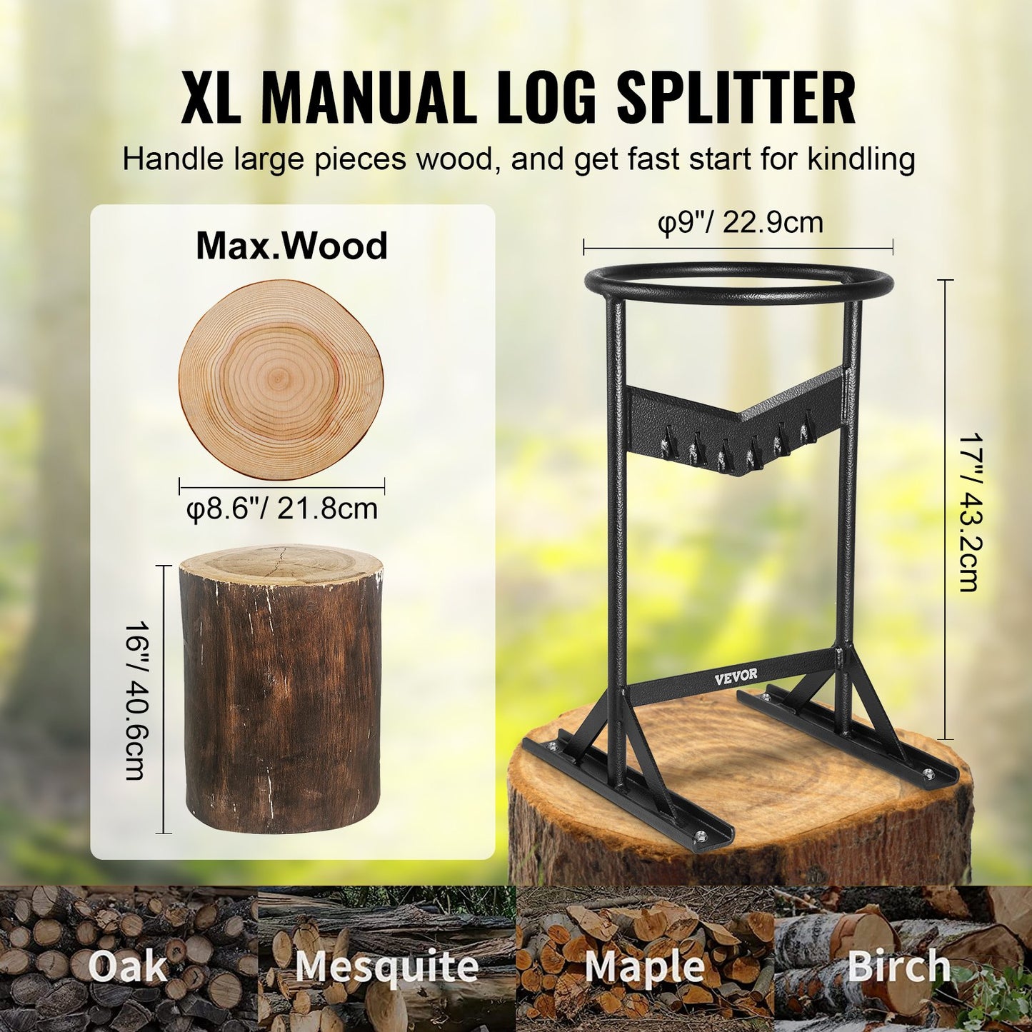VEVOR Firewood Kindling Splitter, 9''x17'' XL Wood Splitter, Unique V-Shaped Finger-Safety