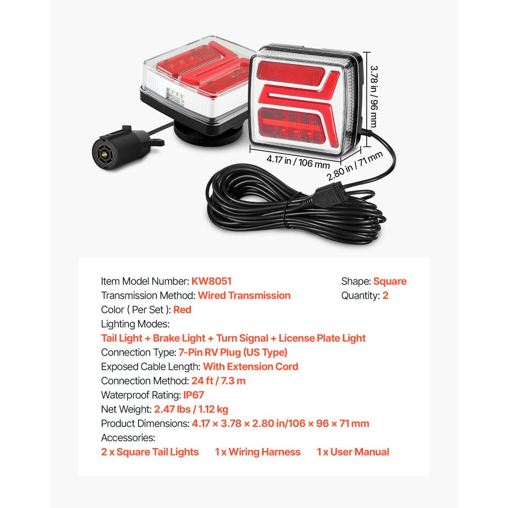 Trailer Lights, 2PCS Square Magnetic LED Trailer Tail Lights Kit with Stop Brake Turn Tail License Lamp, Waterproof Tow Lighting Kit with Wiring Harness for Boat Truck Camper RV Snowmobile Bus
