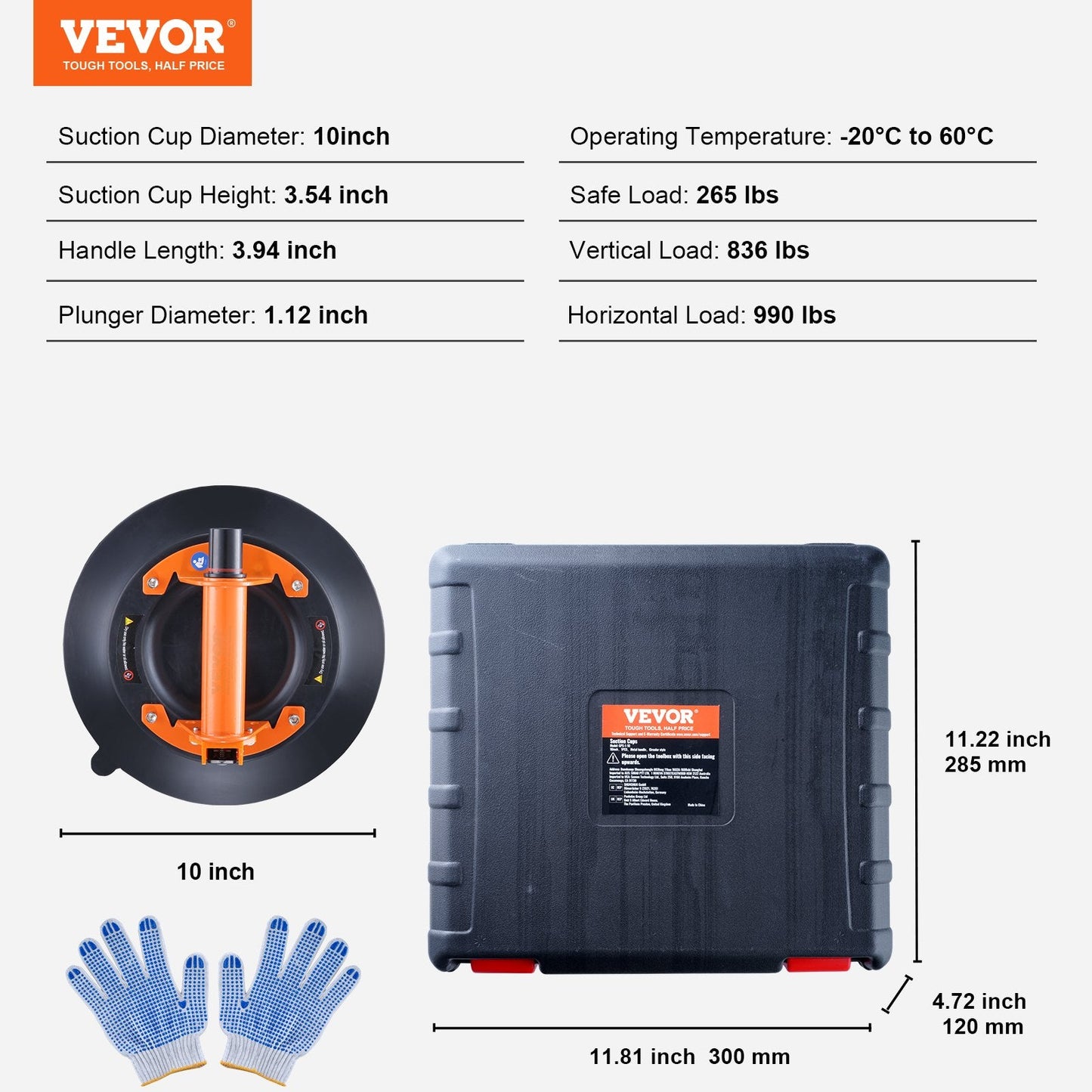 Heavy Duty Vacuum Suction Cup Lifter, 0.25m, 449kg Capacity, Steel Handle
