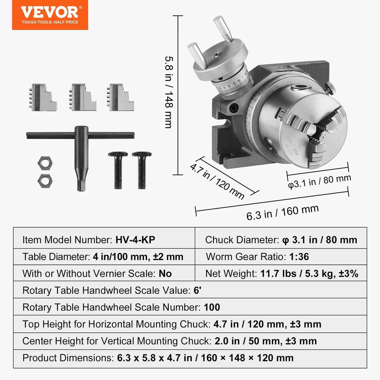 VEVOR Rotary Table for Milling Machines, 4''/ 100 mm, Horizontal Vertical Model