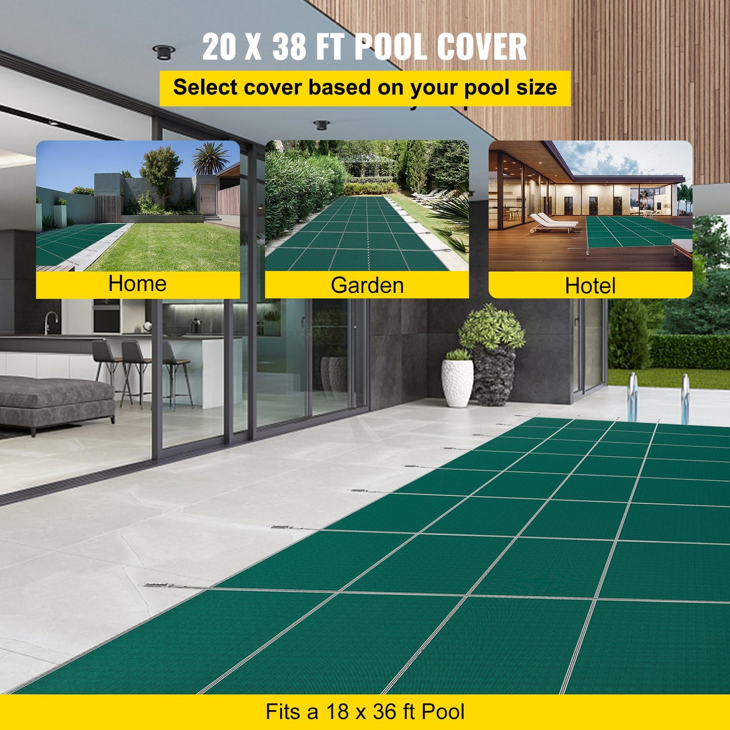 VEVOR Pool Safety Cover Fits18x36ft Inground Safety Pool Cover Green Mesh with 4x8ft