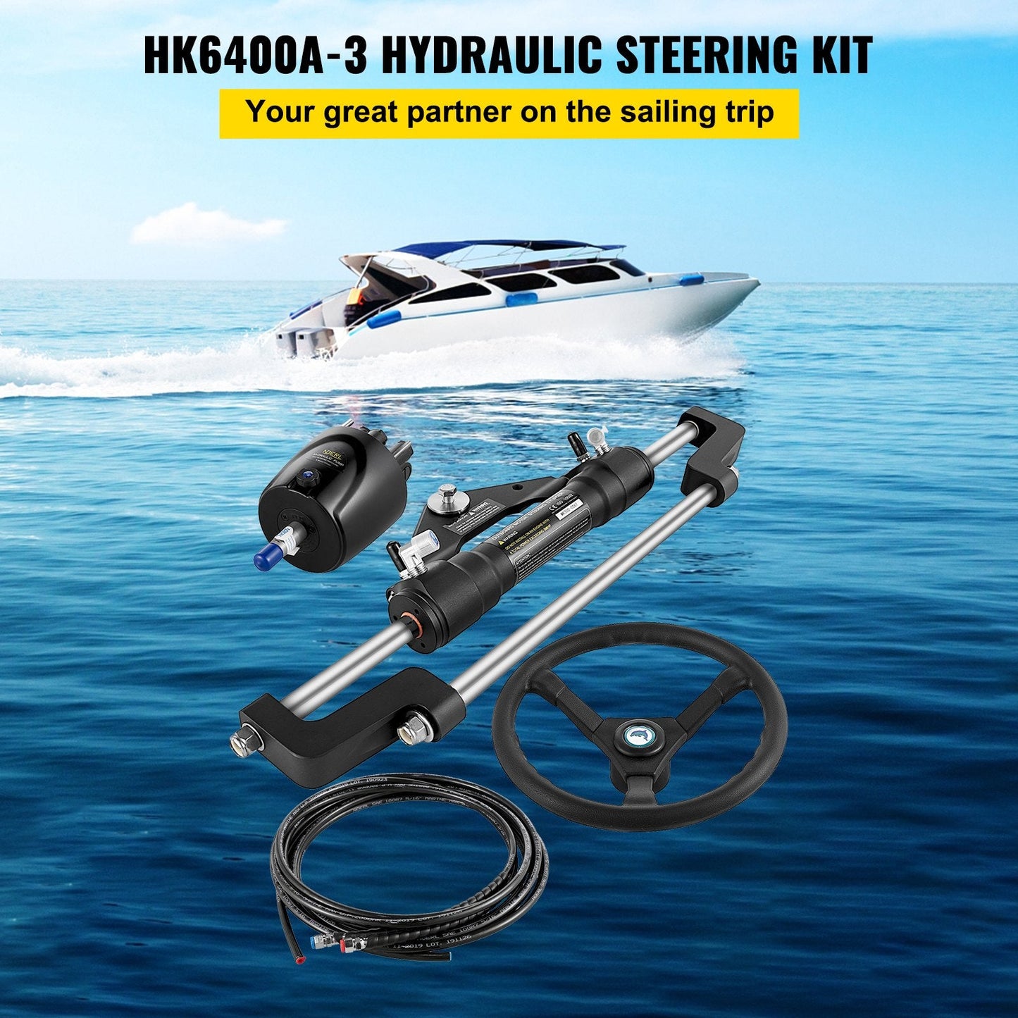 Hydraulic Boat Steering Kit, 300HP, Aluminum Alloy, 0.34m Wheel, 3m Hose