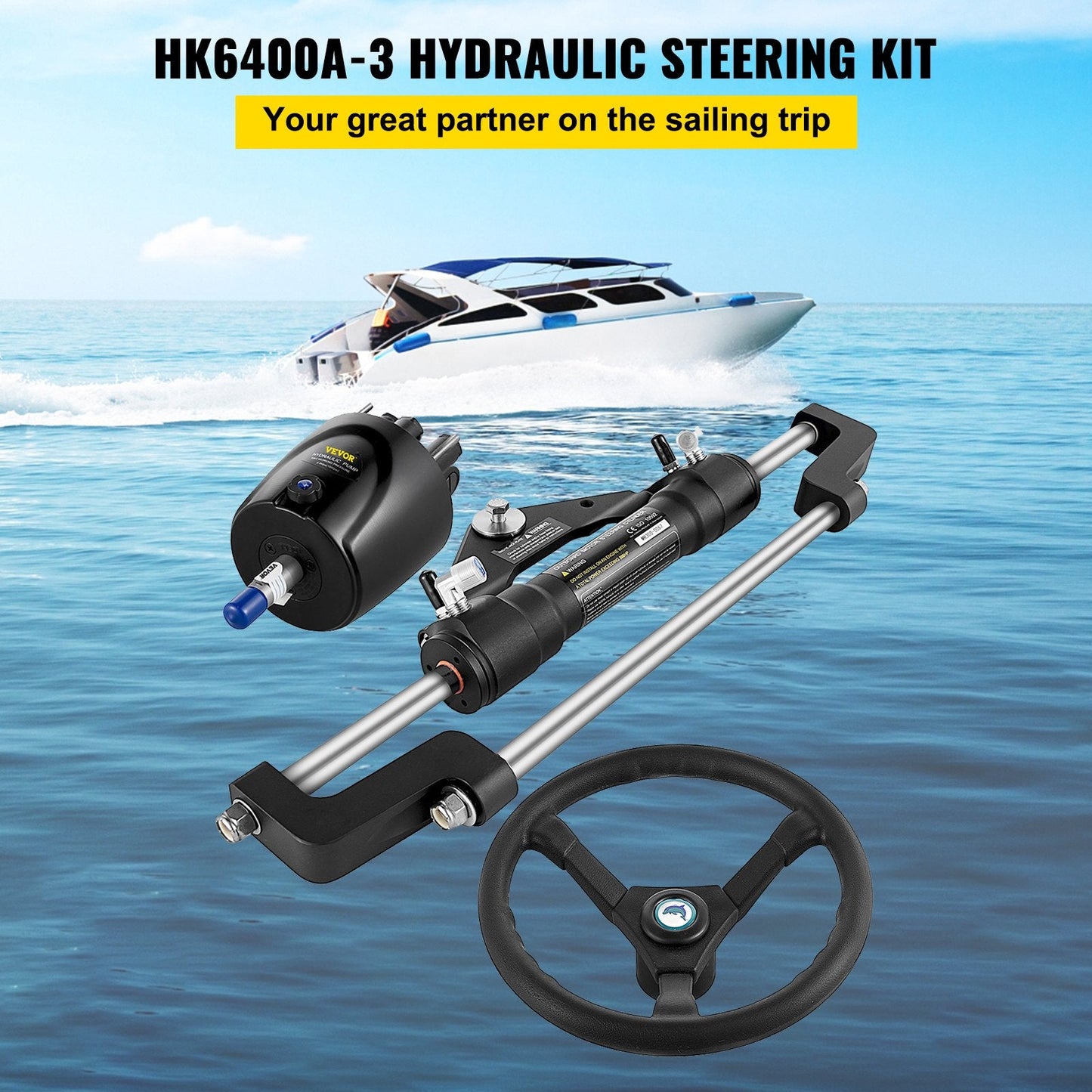 Hydraulic Boat Steering Kit 300HP, 0.34m Wheel, Aluminum Alloy System