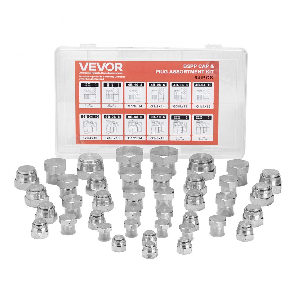 64 PCS BSPP Hydraulic Fitting Galvanized Cap & Plug Assortment Adapter Kit