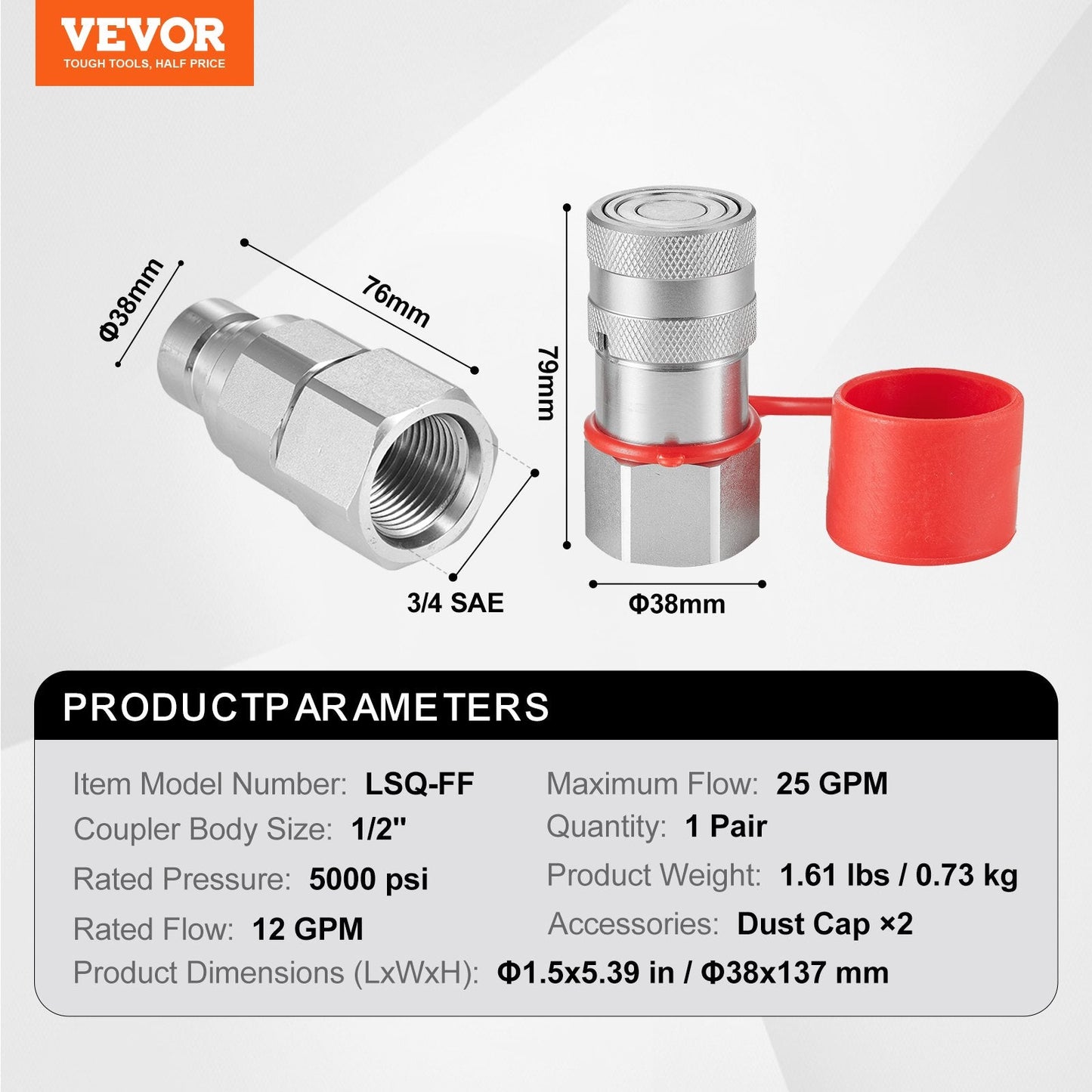 1/2" Flat Face Hydraulic Couplers, 3/4 SAE, Dust Caps, Steel, ISO16028 Compliant