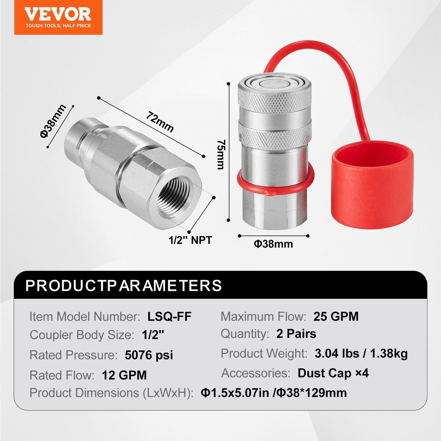 Flat Face Hydraulic Couplers Set with Dust Caps, 1/2 NPT, Steel, ISO16028