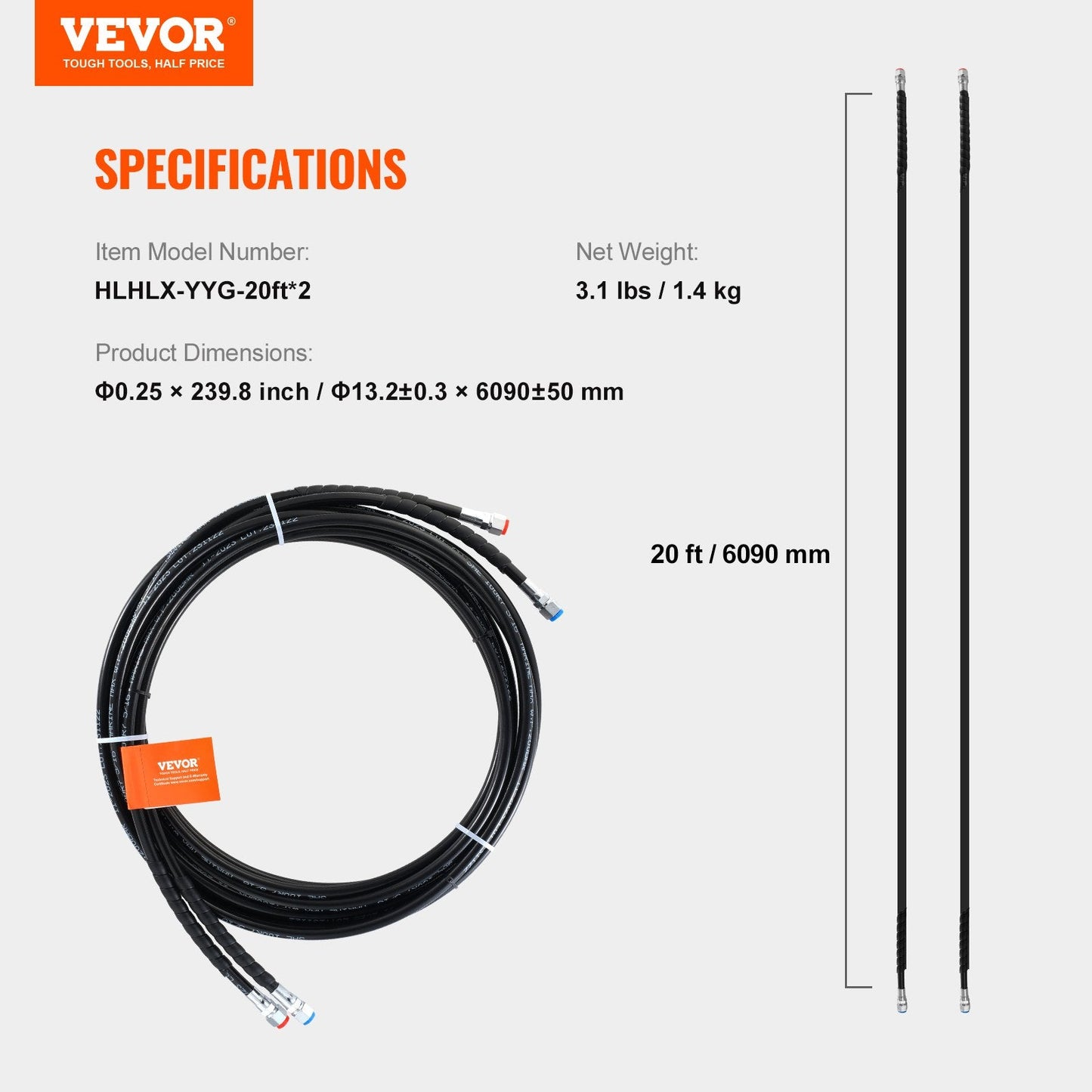 Marine Hydraulic Steering Hose Kit, 6m Leak-Proof TPEE, 2-Piece Set, 300 HP