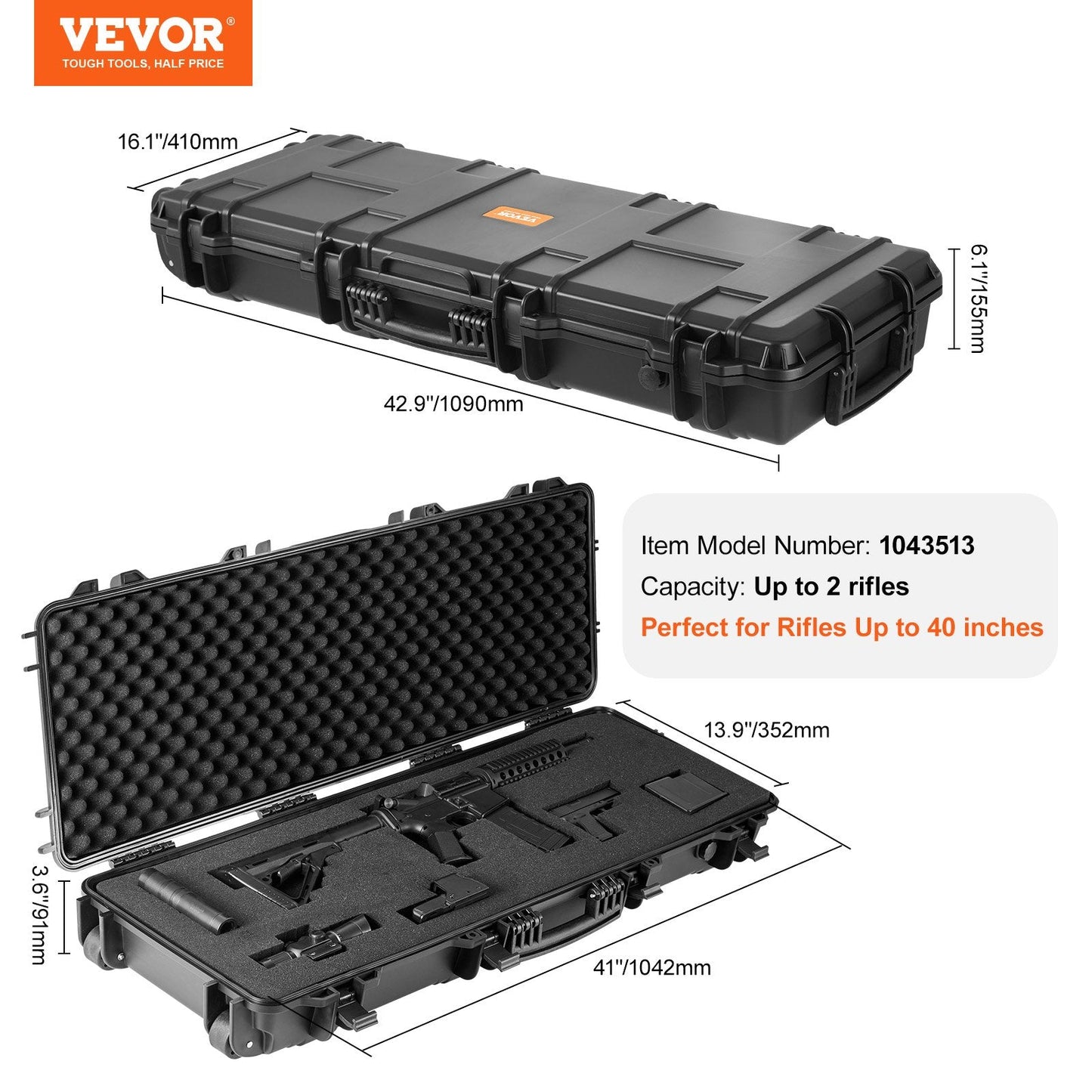 Heavy-Duty Rifle Case with Foam, Wheels, Waterproof & Crushproof, 1.07 m