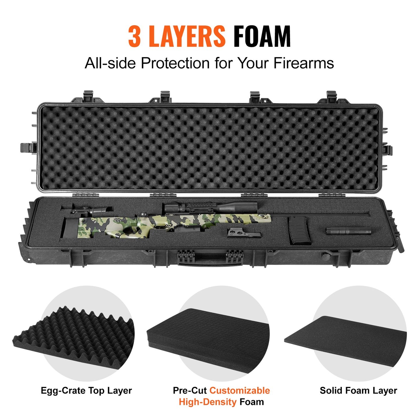 VEVOR Rifle Case, Rifle Hard Case with 3 Layers Fully-protective Foams, 50 inch