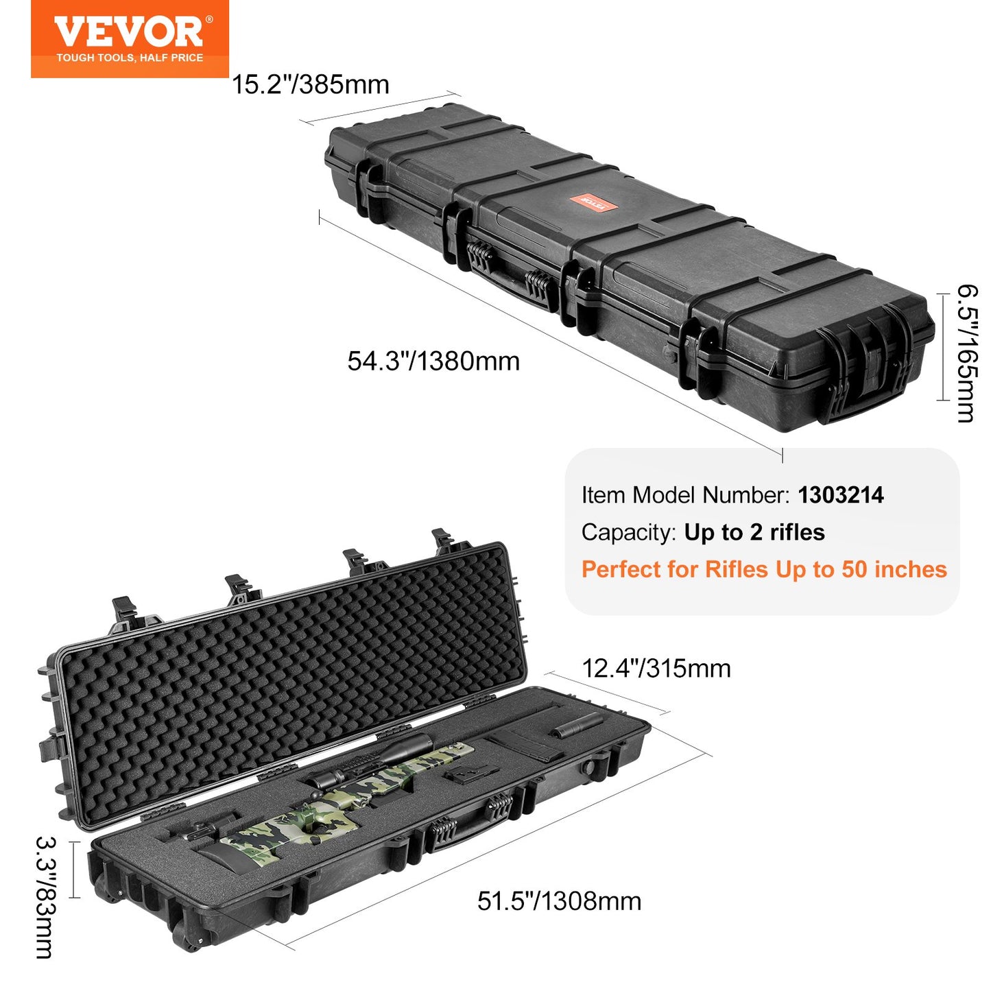 VEVOR Rifle Case, Rifle Hard Case with 3 Layers Fully-protective Foams, 50 inch