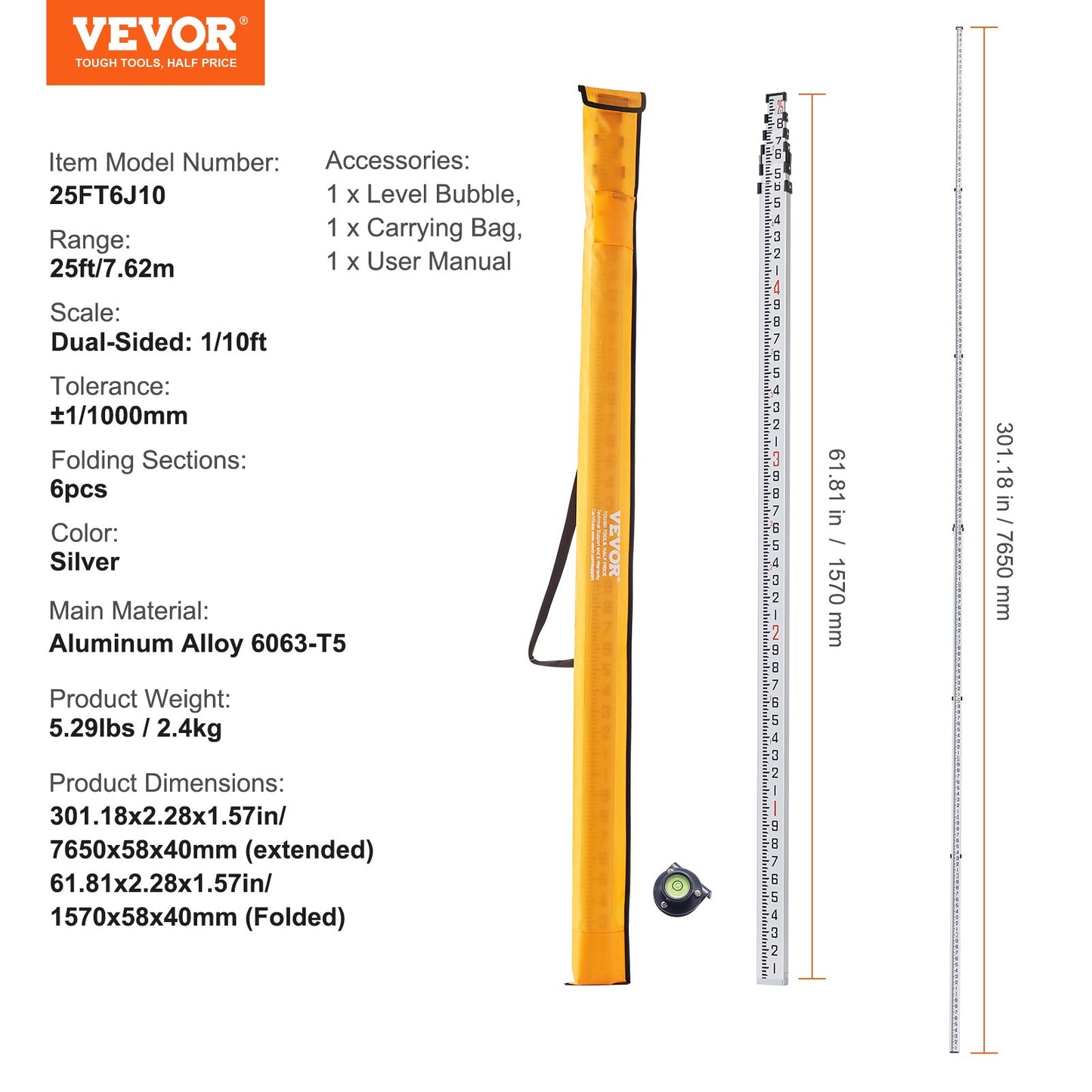 VEVOR Aluminum Grade Rod, 25-Feet/10ths 6 Sections Telescopic Measuring Rod,Double-Sided