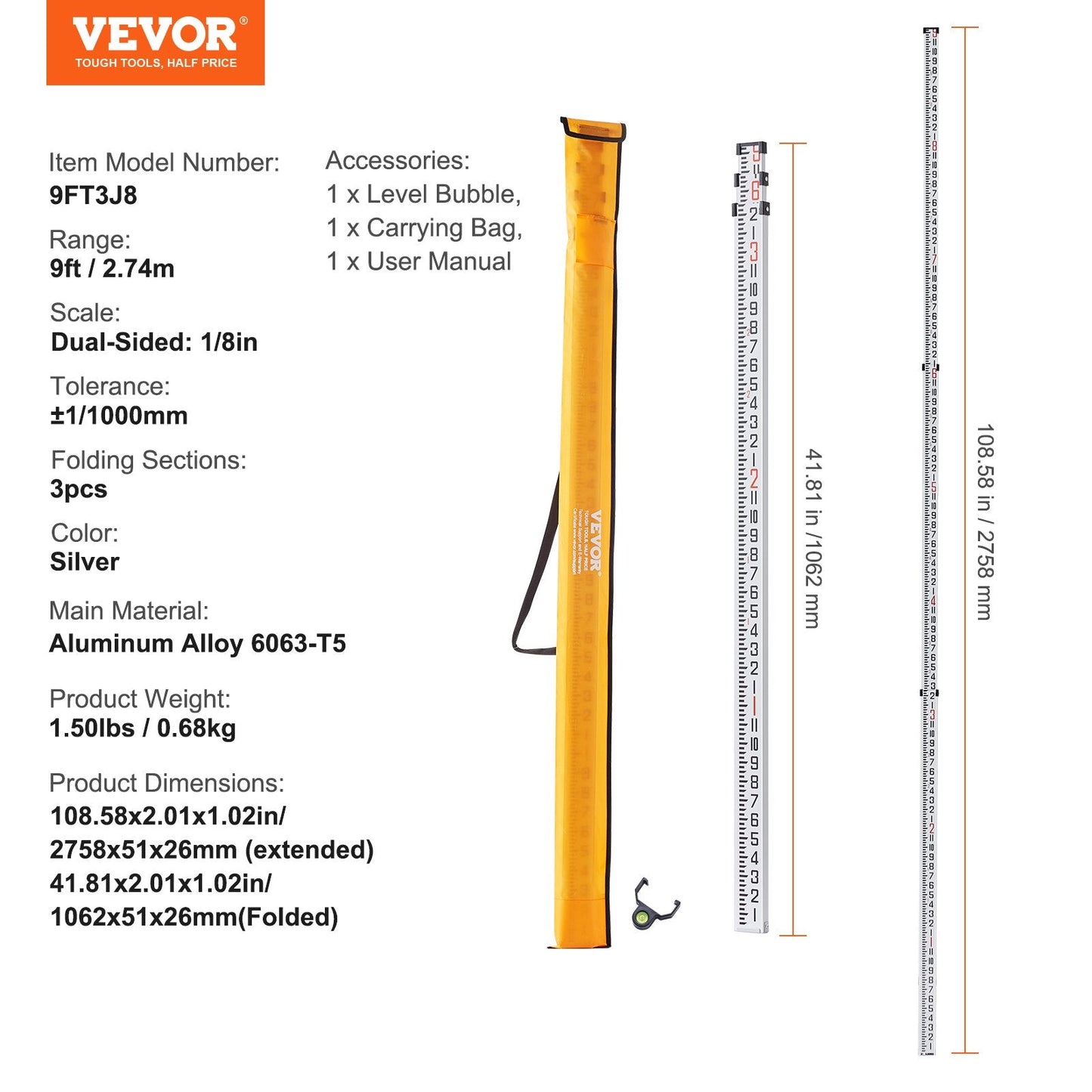 Telescopic 2.74m Grade Rod, 3-Section Aluminum with Bag, 0.68kg