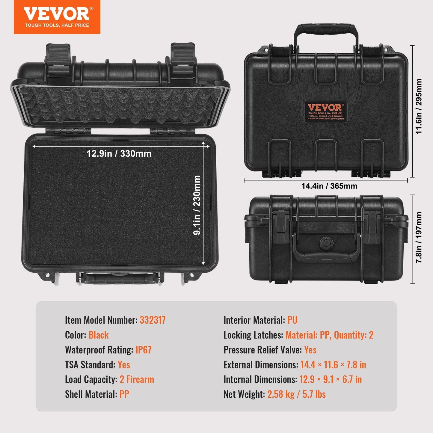 Lockable Hard Pistol Case with Pre-Cut Foam for 2 Guns, Waterproof IP68