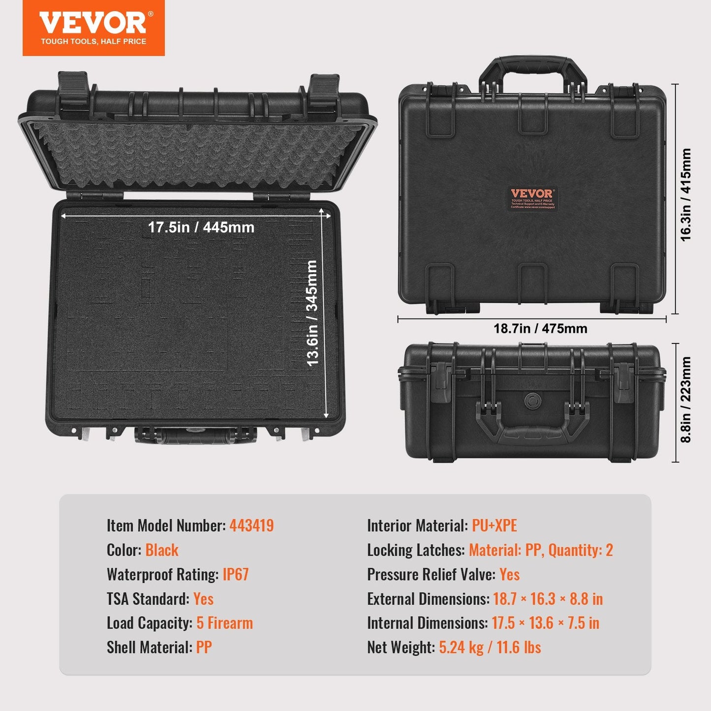 Lockable Waterproof Pistol Case for 5 Firearms with Pre-cut Foam Lining