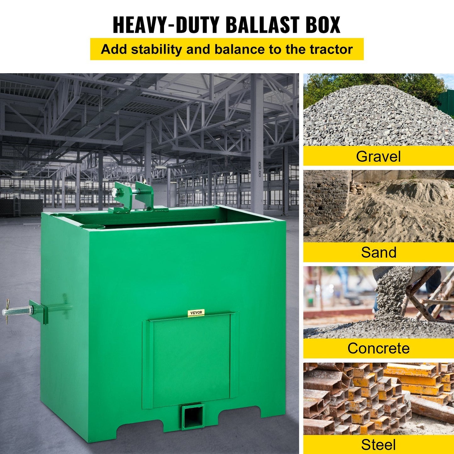 Heavy-Duty Steel Ballast Box for Category 1 Tractor with 363 kg Capacity