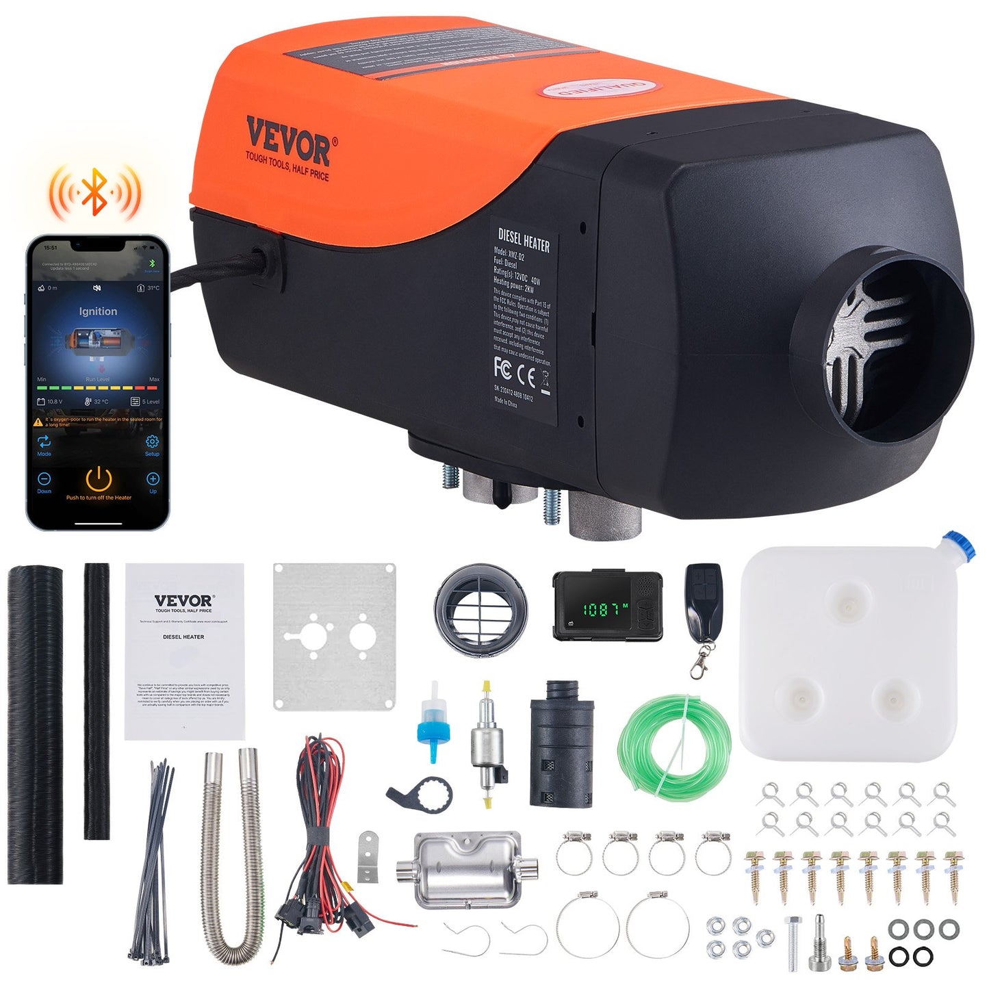 VEVOR Bluetooth App Control Diesel Air Heater, 12V 2KW Diesel Heater with Automatic