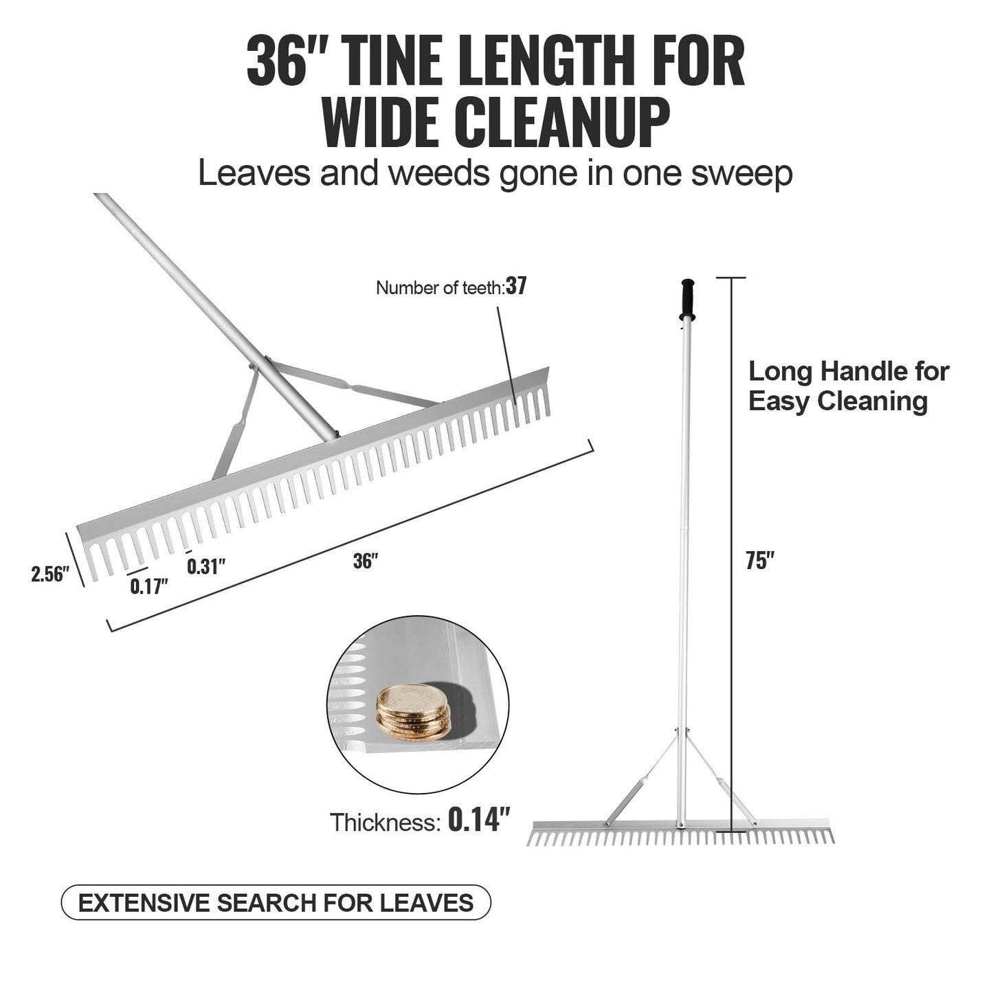 VEVOR Landscape Rake 36" Head Aluminum Landscape Rake 75" Adjustable Handle
