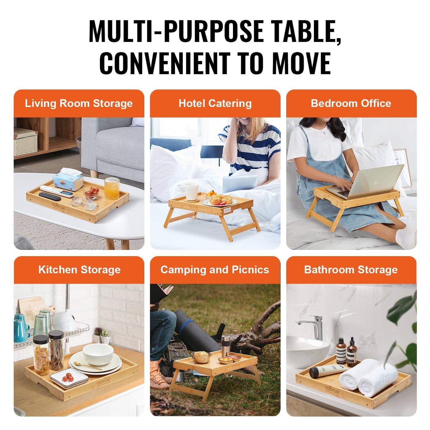 VEVOR Bed Tray Table with Foldable Legs, Bamboo Breakfast Tray for Sofa, Bed, Eating,