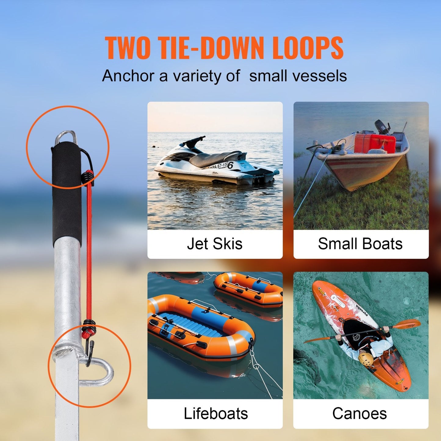 Galvanized Steel Beach Anchor Pole for Small Boats and Kayaks, 0.9 m