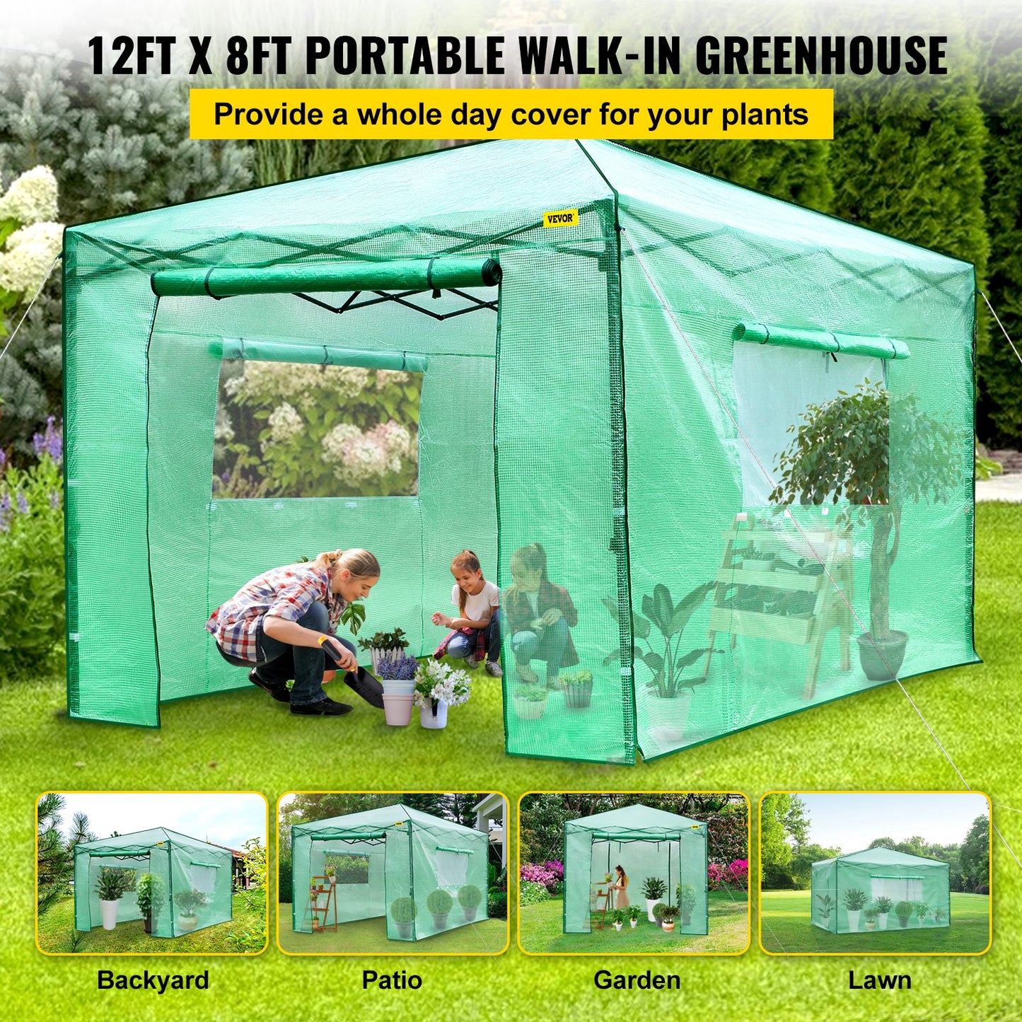 VEVOR 12\'x 8\'x 8\' Pop-Up Greenhouse, Set Up in Minutes, Portable Greenhouse with