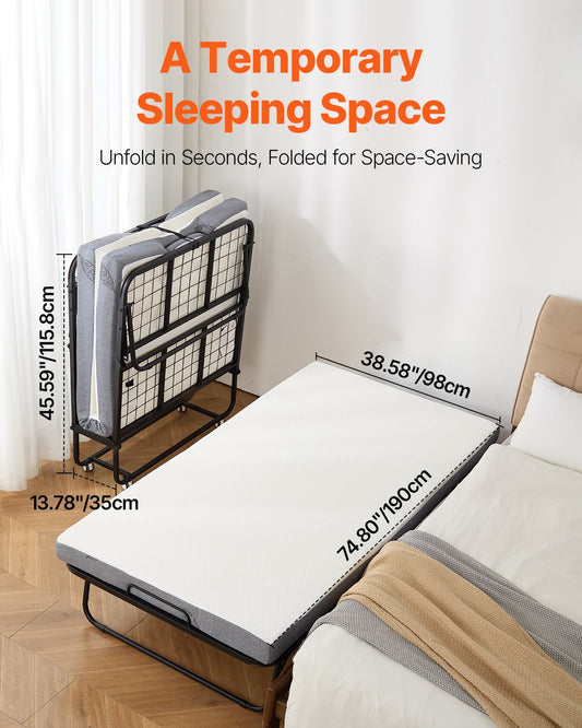 VEVOR Rollaway Bed Folding Bed with 100 mm Foam Mattress for Adults and Guest